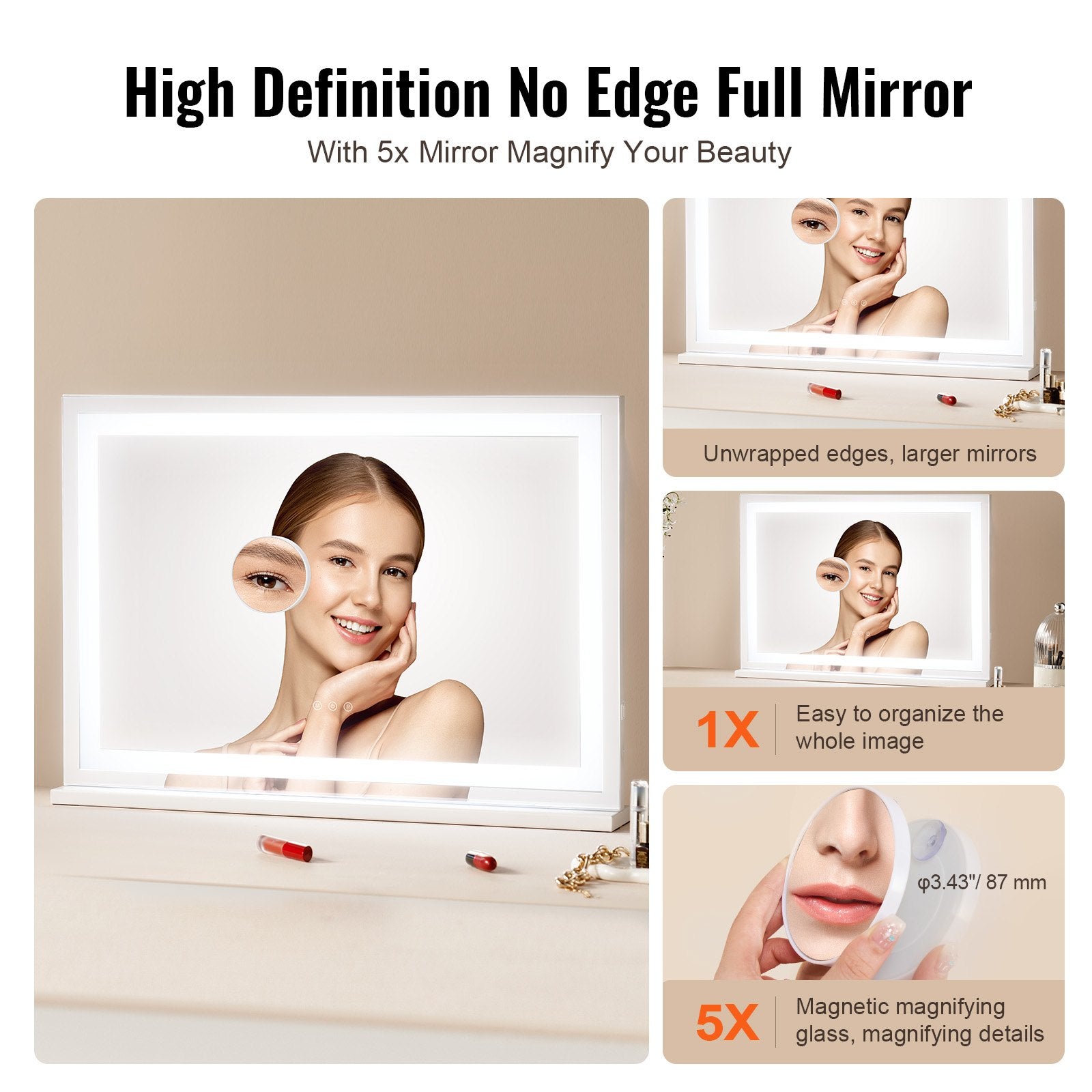 Large Vanity Mirror with LED Lights, 5X Magnification, USB Port, Smart Touch, Adjustable Color Modes, Wall-Mountable, 31.5x21.7 in, White