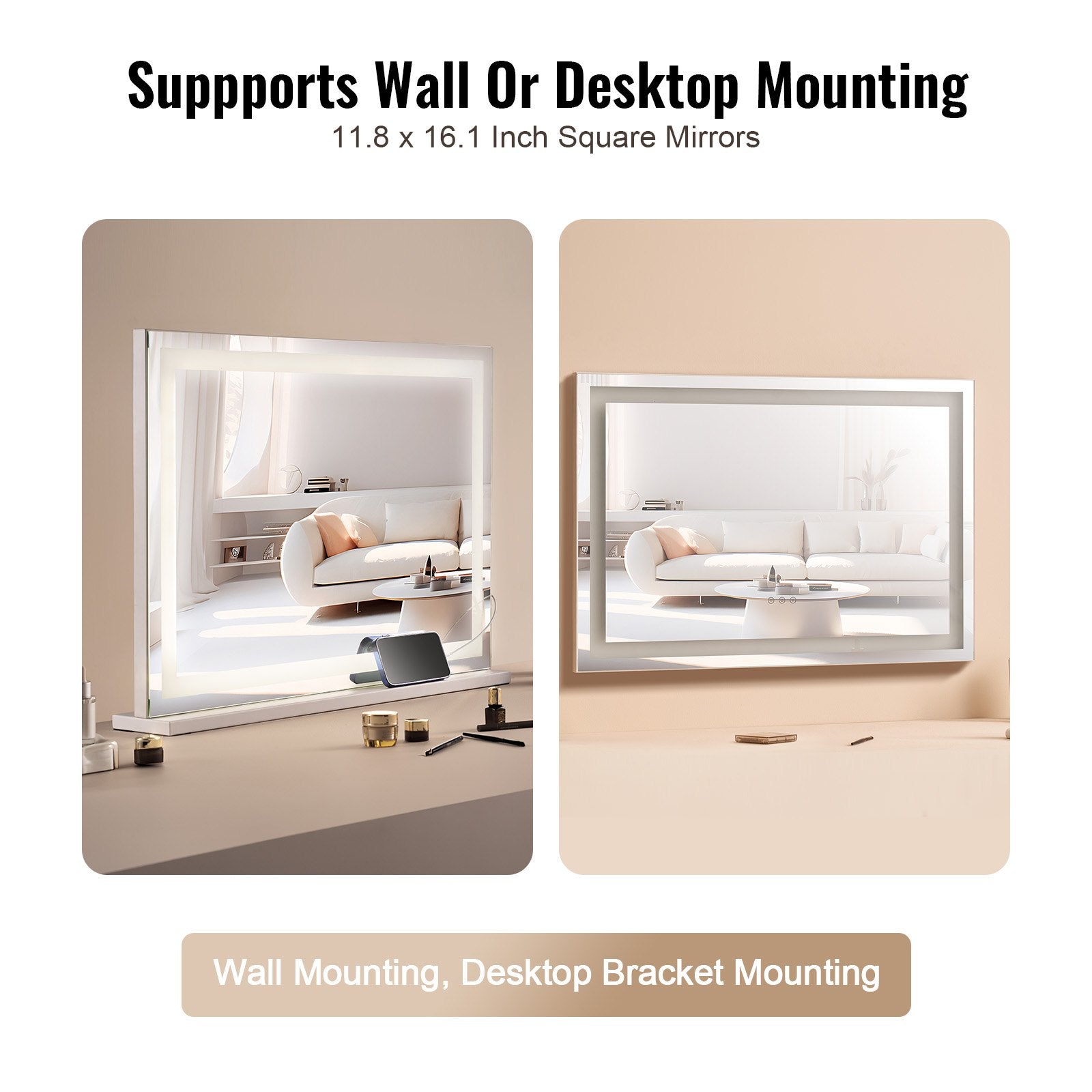 Large Vanity Mirror with LED Lights, 5X Magnification, USB Port, Smart Touch, Adjustable Color Modes, Wall-Mountable, 31.5x21.7 in, White
