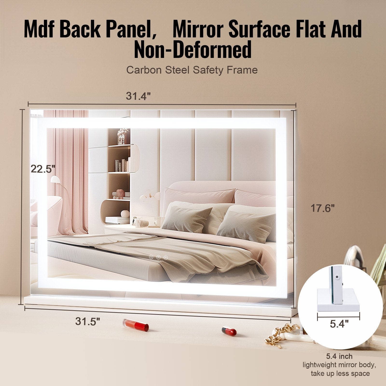 Large Vanity Mirror with LED Lights, 5X Magnification, USB Port, Smart Touch, Adjustable Color Modes, Wall-Mountable, 31.5x21.7 in, White