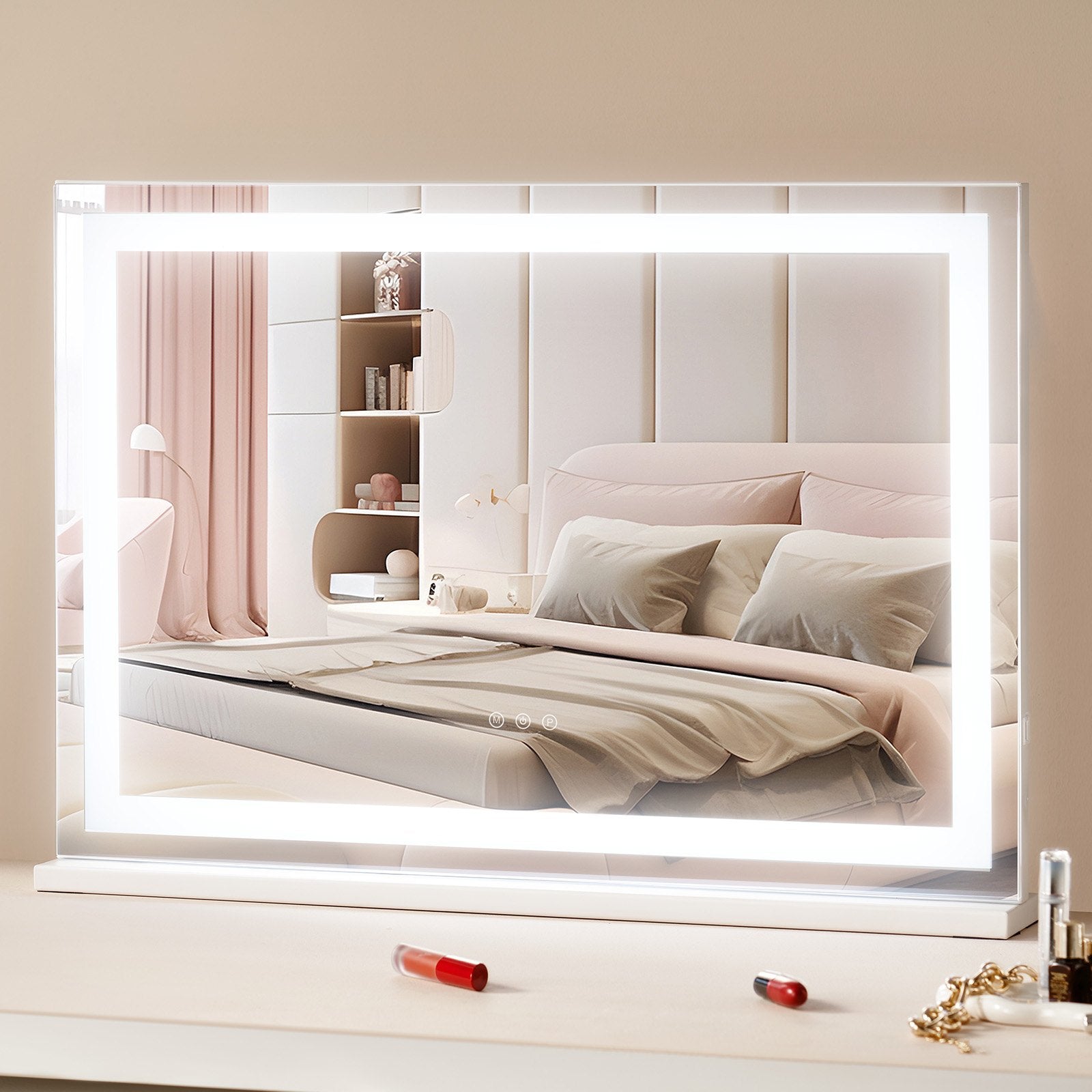 Large Vanity Mirror with LED Lights, 5X Magnification, USB Port, Smart Touch, Adjustable Color Modes, Wall-Mountable, 31.5x21.7 in, White