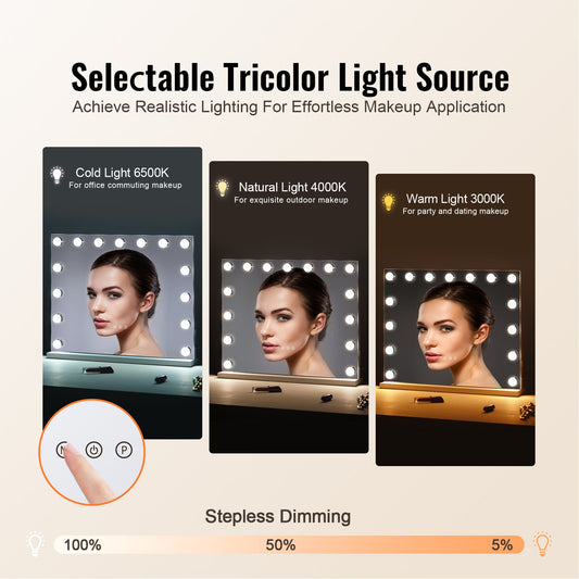 Hollywood Vanity Mirror with 15 Dimmable Bulbs & 3 Color Modes, USB Port, 5X Magnification, Smart Touch Control, Wall-Mountable, White 22.8x18.1"