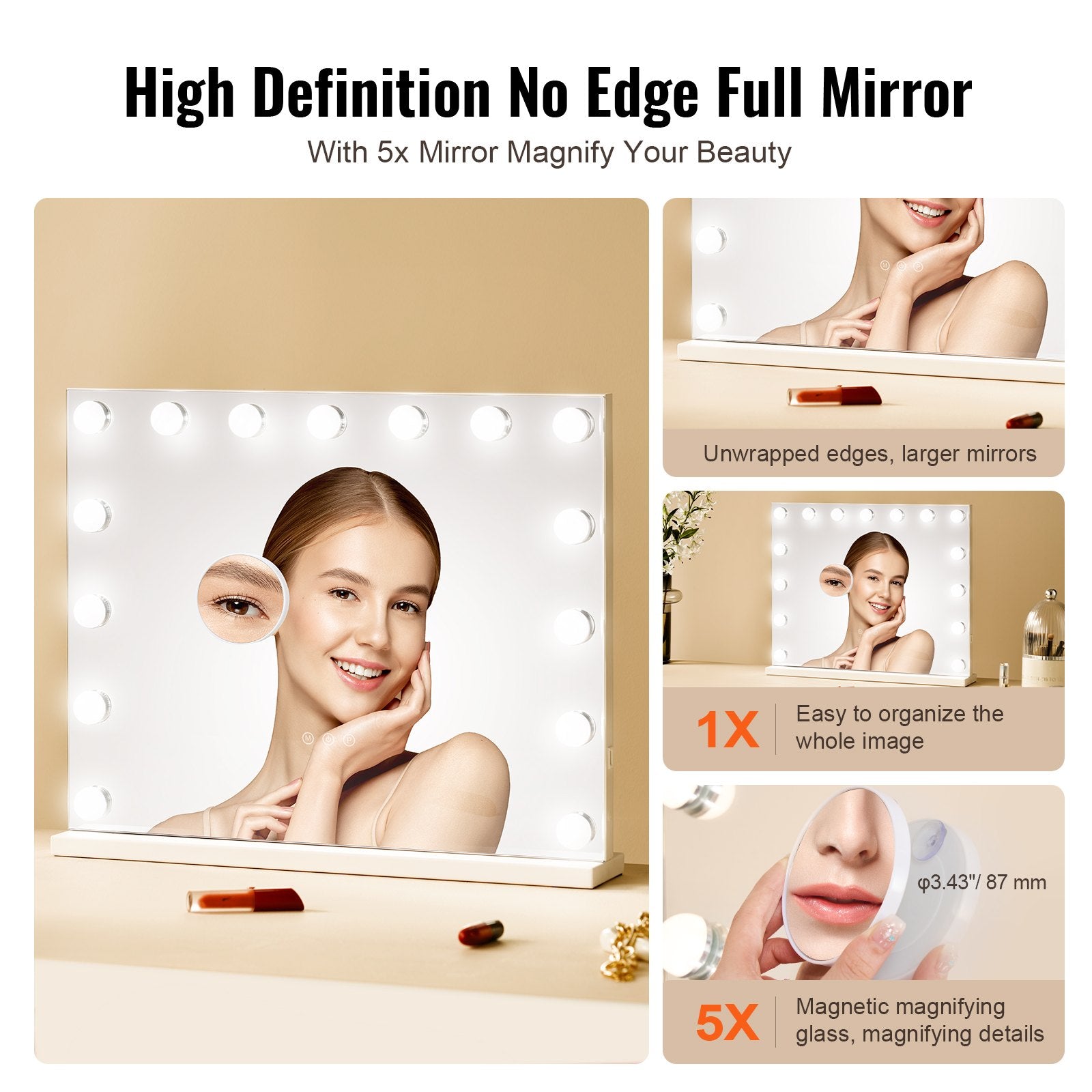 Hollywood Vanity Mirror with 15 Dimmable Bulbs & 3 Color Modes, USB Port, 5X Magnification, Smart Touch Control, Wall-Mountable, White 22.8x18.1"