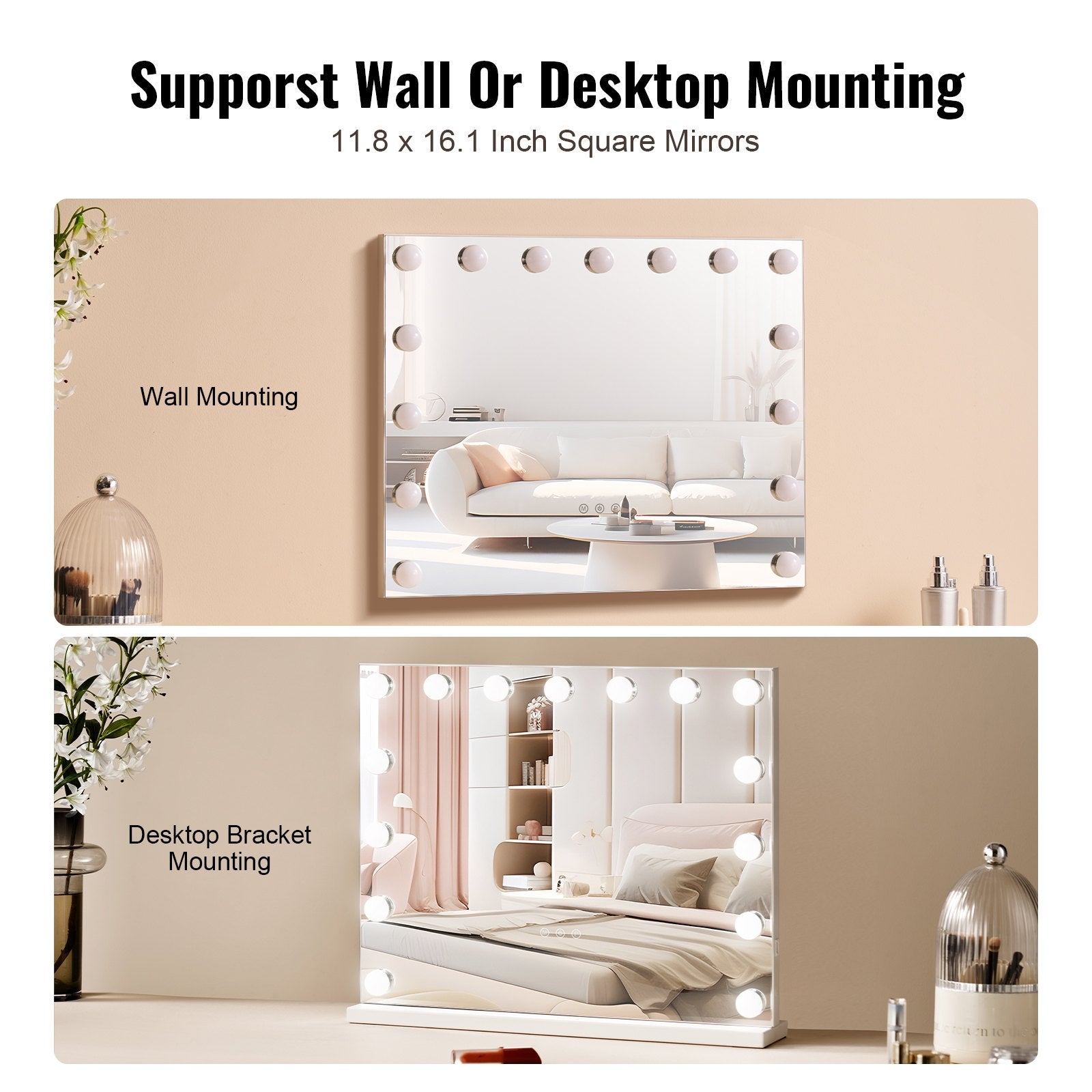 Hollywood Vanity Mirror with 15 Dimmable Bulbs & 3 Color Modes, USB Port, 5X Magnification, Smart Touch Control, Wall-Mountable, White 22.8x18.1"