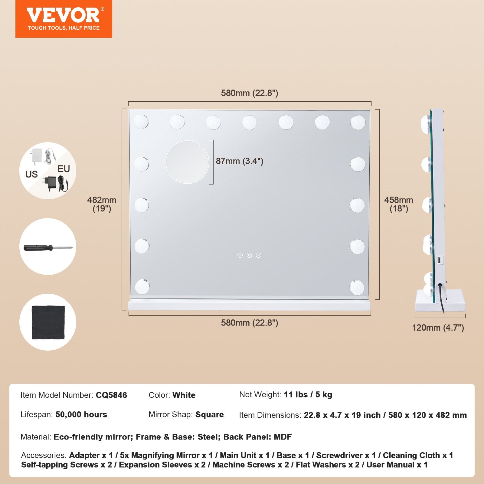 Hollywood Vanity Mirror with 15 Dimmable Bulbs & 3 Color Modes, USB Port, 5X Magnification, Smart Touch Control, Wall-Mountable, White 22.8x18.1"
