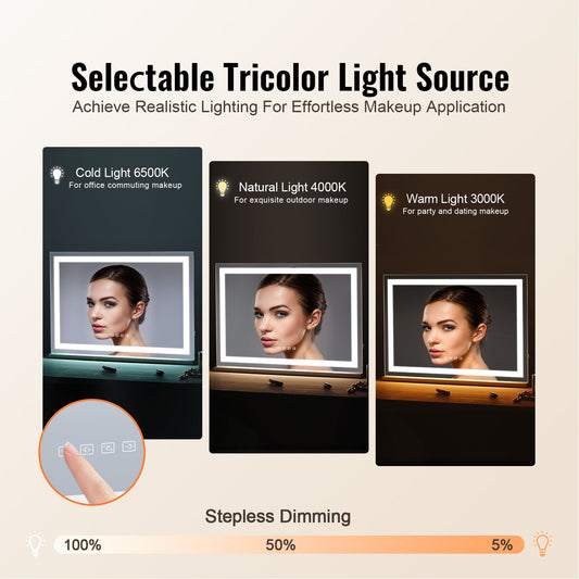 Large Vanity Mirror with Bluetooth Speaker, 3-Color LED Lighting, 5X Magnification, USB, Touch Control, Wall-Mount, 31.5x21.7in, White