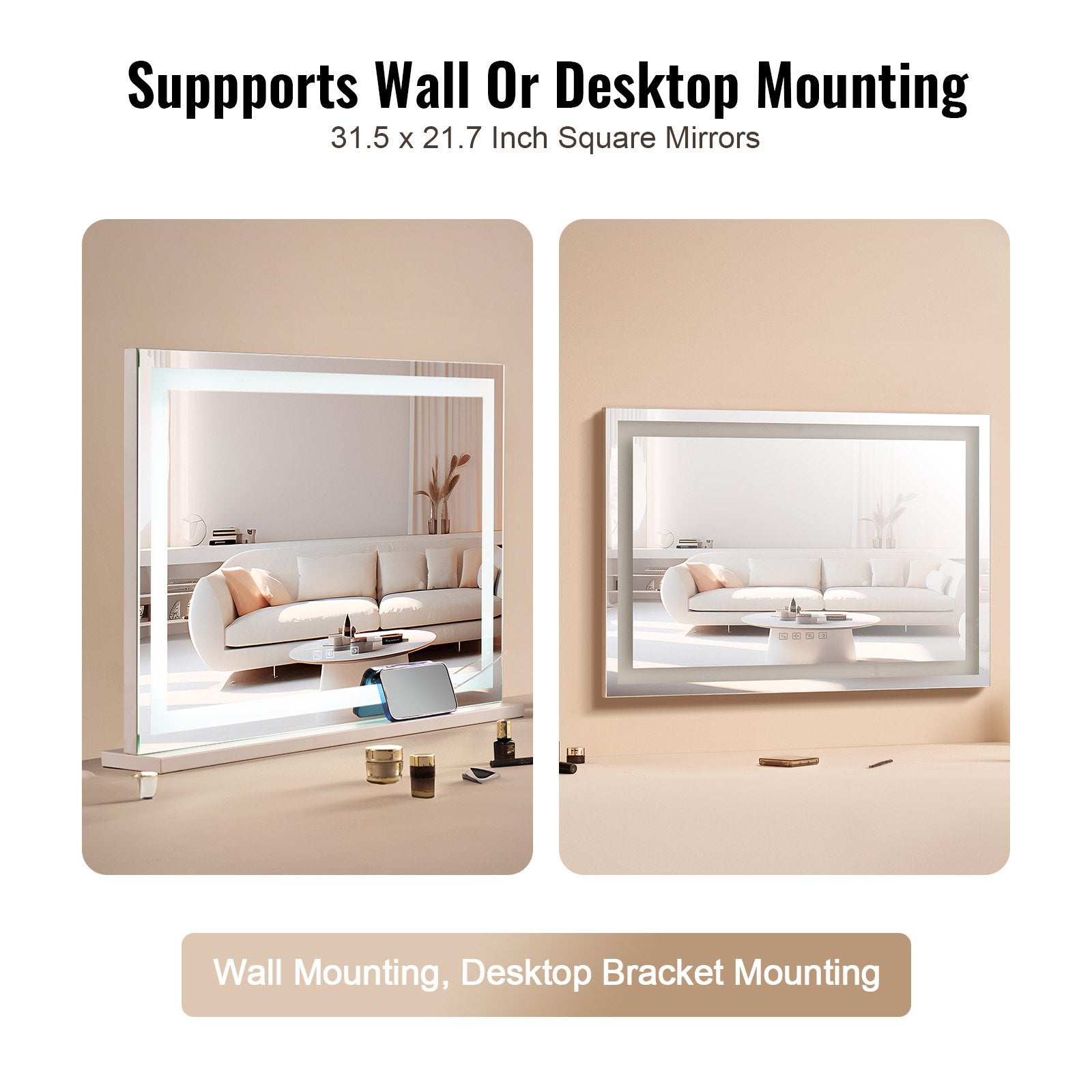 Large Vanity Mirror with Bluetooth Speaker, 3-Color LED Lighting, 5X Magnification, USB, Touch Control, Wall-Mount, 31.5x21.7in, White