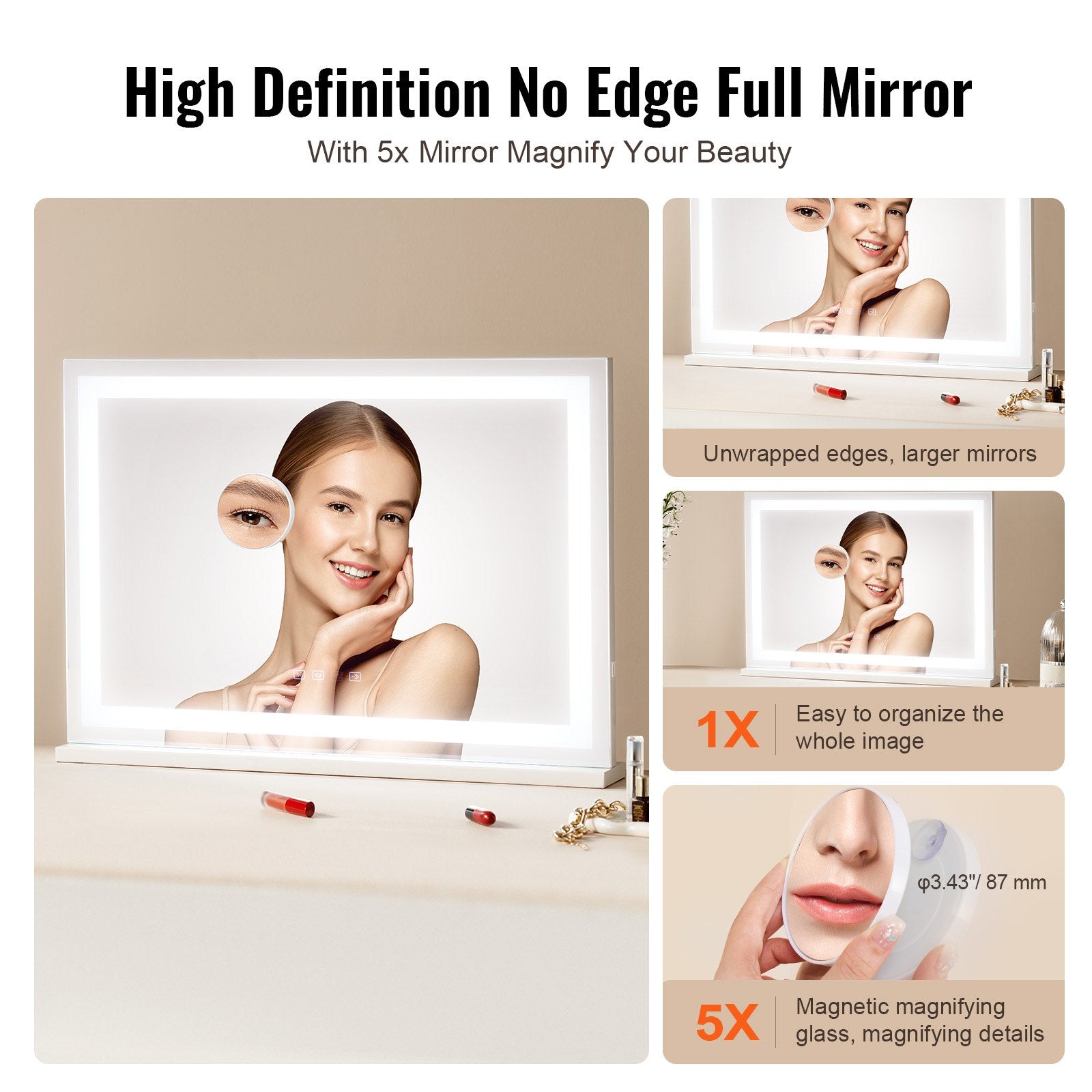 Large Vanity Mirror with Bluetooth Speaker, 3-Color LED Lighting, 5X Magnification, USB, Touch Control, Wall-Mount, 31.5x21.7in, White