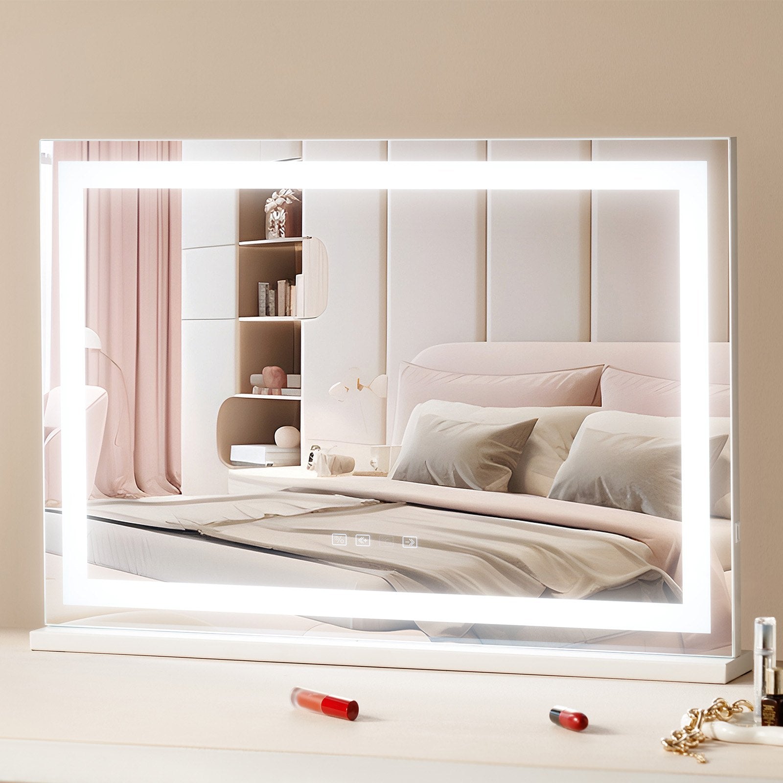 Large Vanity Mirror with Bluetooth Speaker, 3-Color LED Lighting, 5X Magnification, USB, Touch Control, Wall-Mount, 31.5x21.7in, White
