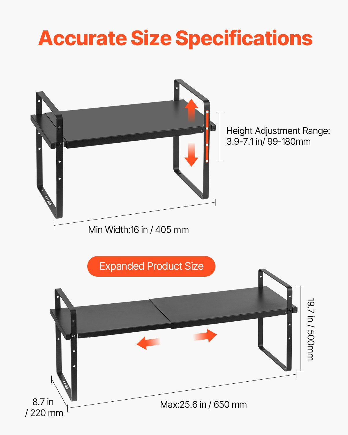 Adjustable 2-Tier Kitchen Cabinet Shelf Organizer, Expandable Stackable Pantry Storage & Countertop Risers for Home & Office, Black