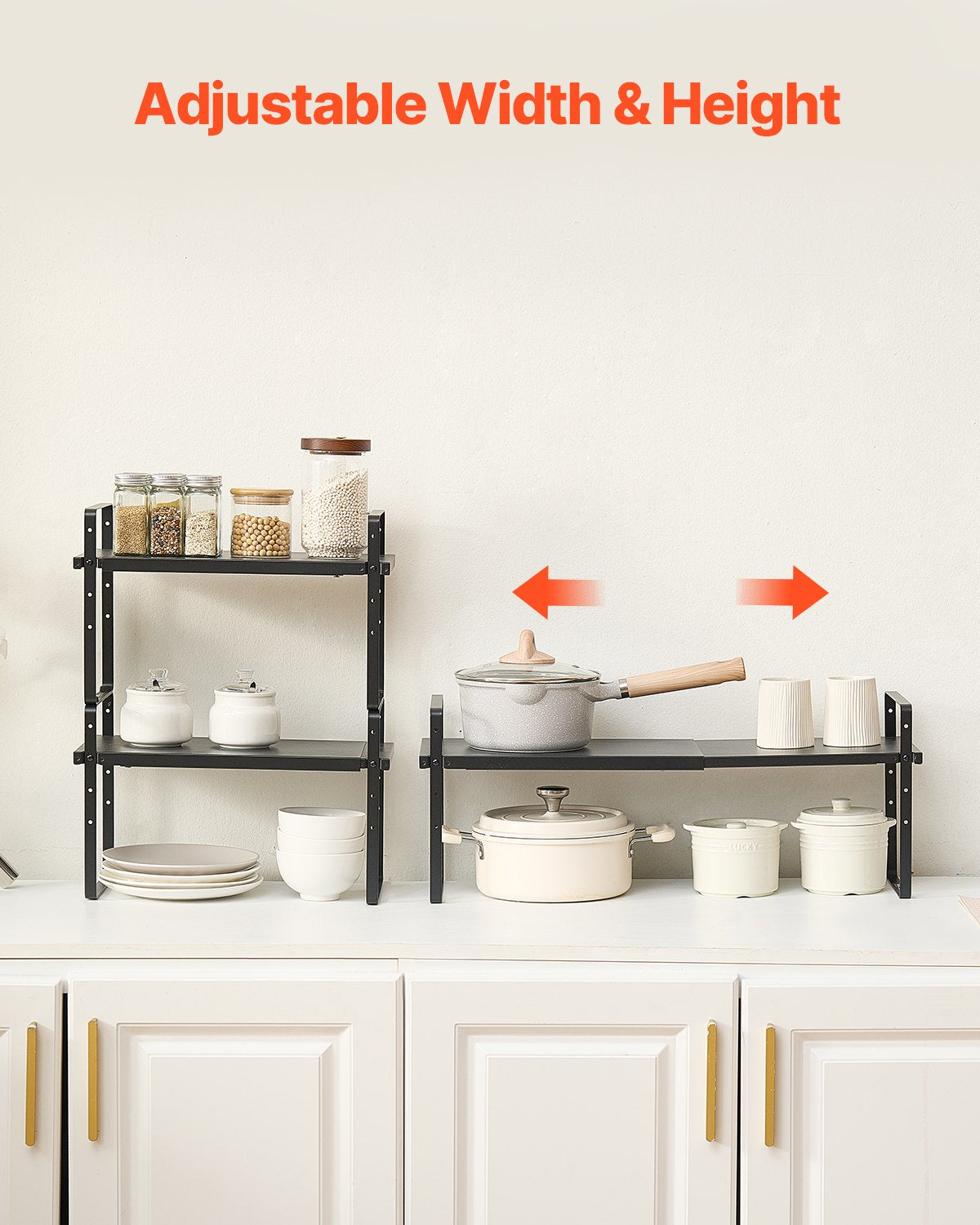 Adjustable 2-Tier Kitchen Cabinet Shelf Organizer, Expandable Stackable Pantry Storage & Countertop Risers for Home & Office, Black