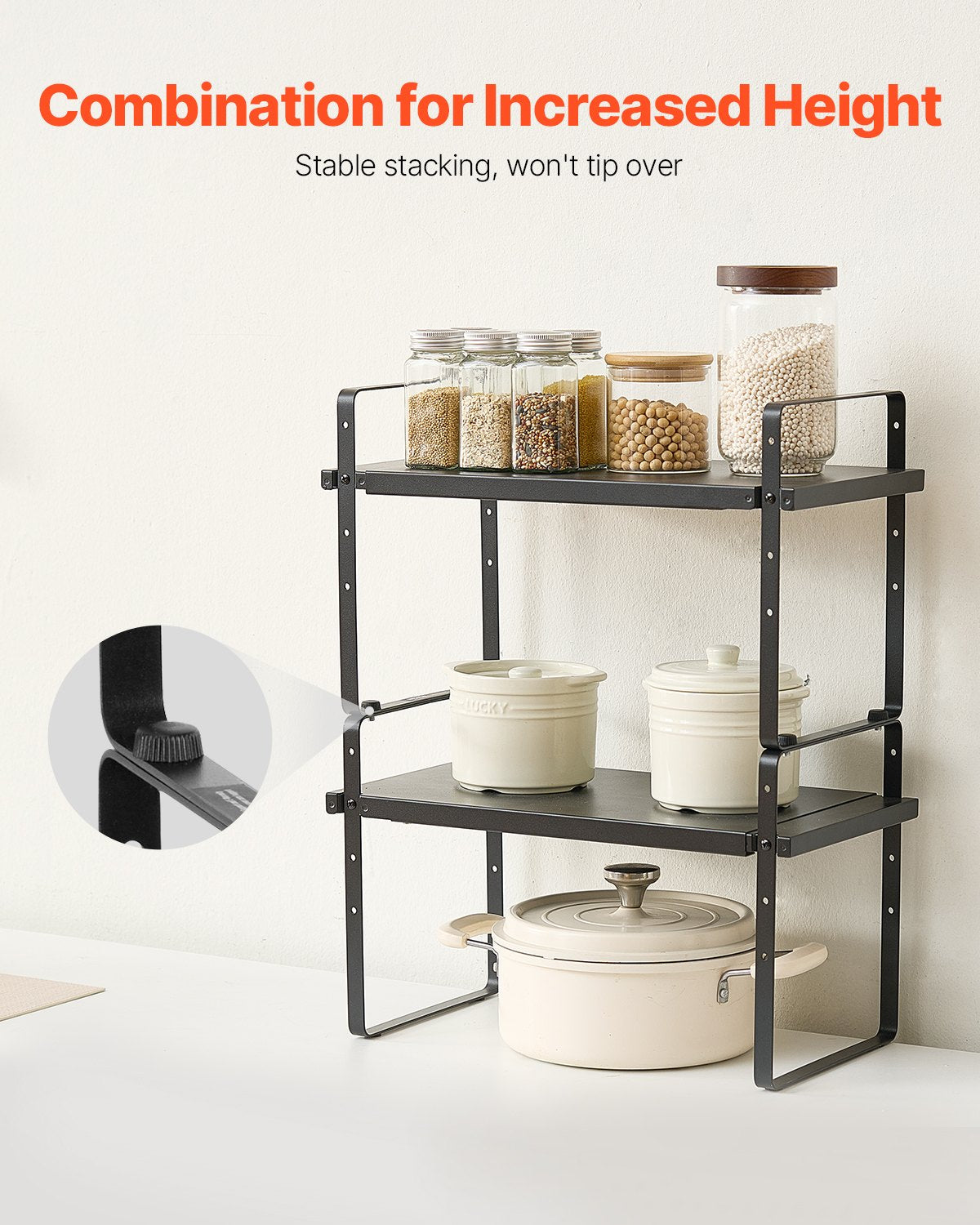 Adjustable 2-Tier Kitchen Cabinet Shelf Organizer, Expandable Stackable Pantry Storage & Countertop Risers for Home & Office, Black