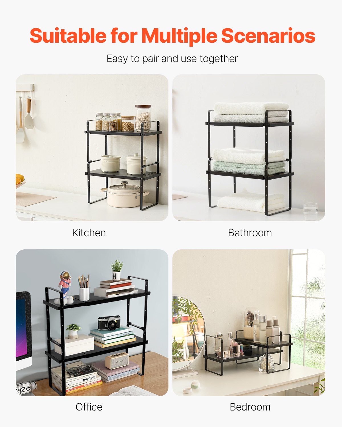 Adjustable 2-Tier Kitchen Cabinet Shelf Organizer, Expandable Stackable Pantry Storage & Countertop Risers for Home & Office, Black