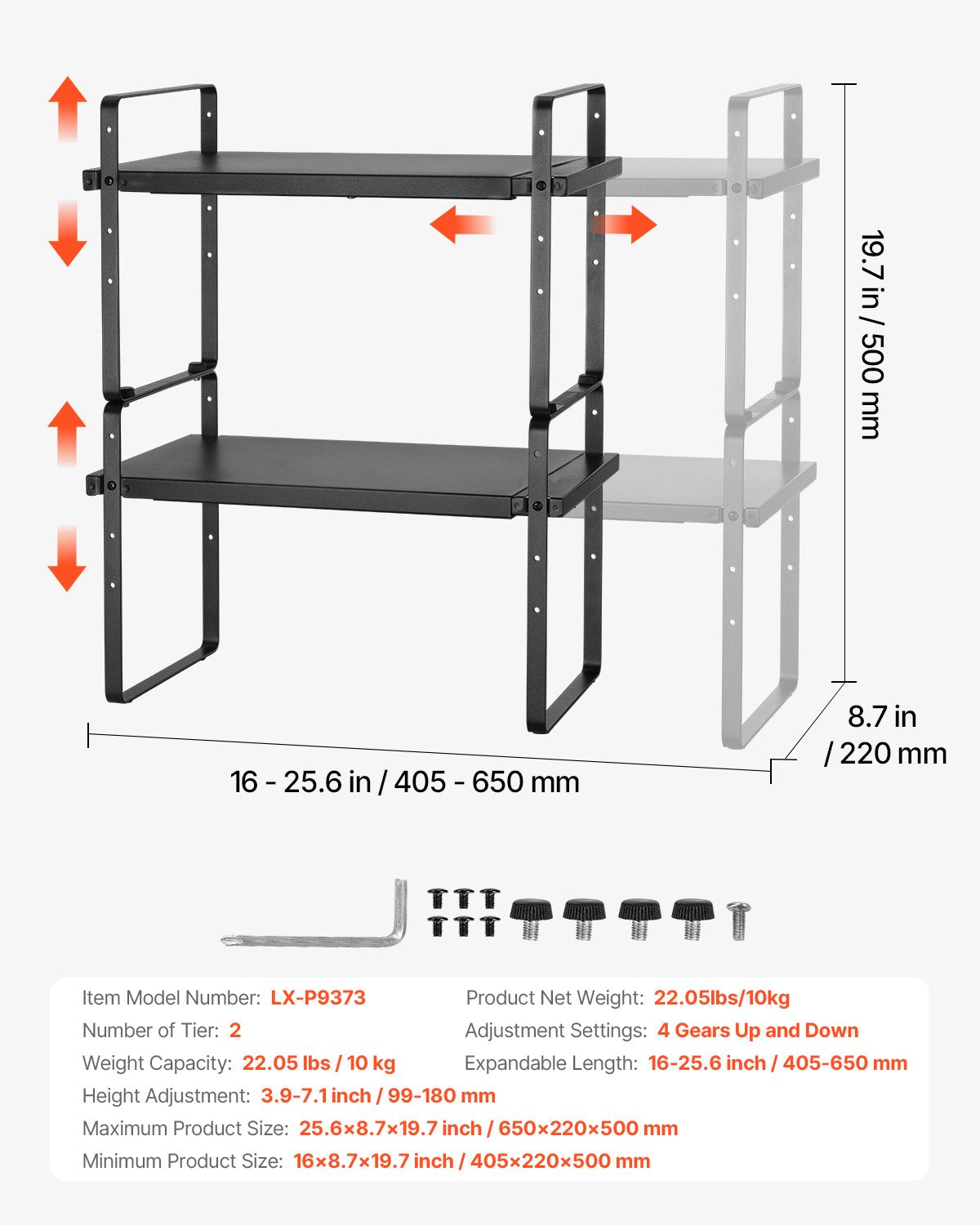 Adjustable 2-Tier Kitchen Cabinet Shelf Organizer, Expandable Stackable Pantry Storage & Countertop Risers for Home & Office, Black
