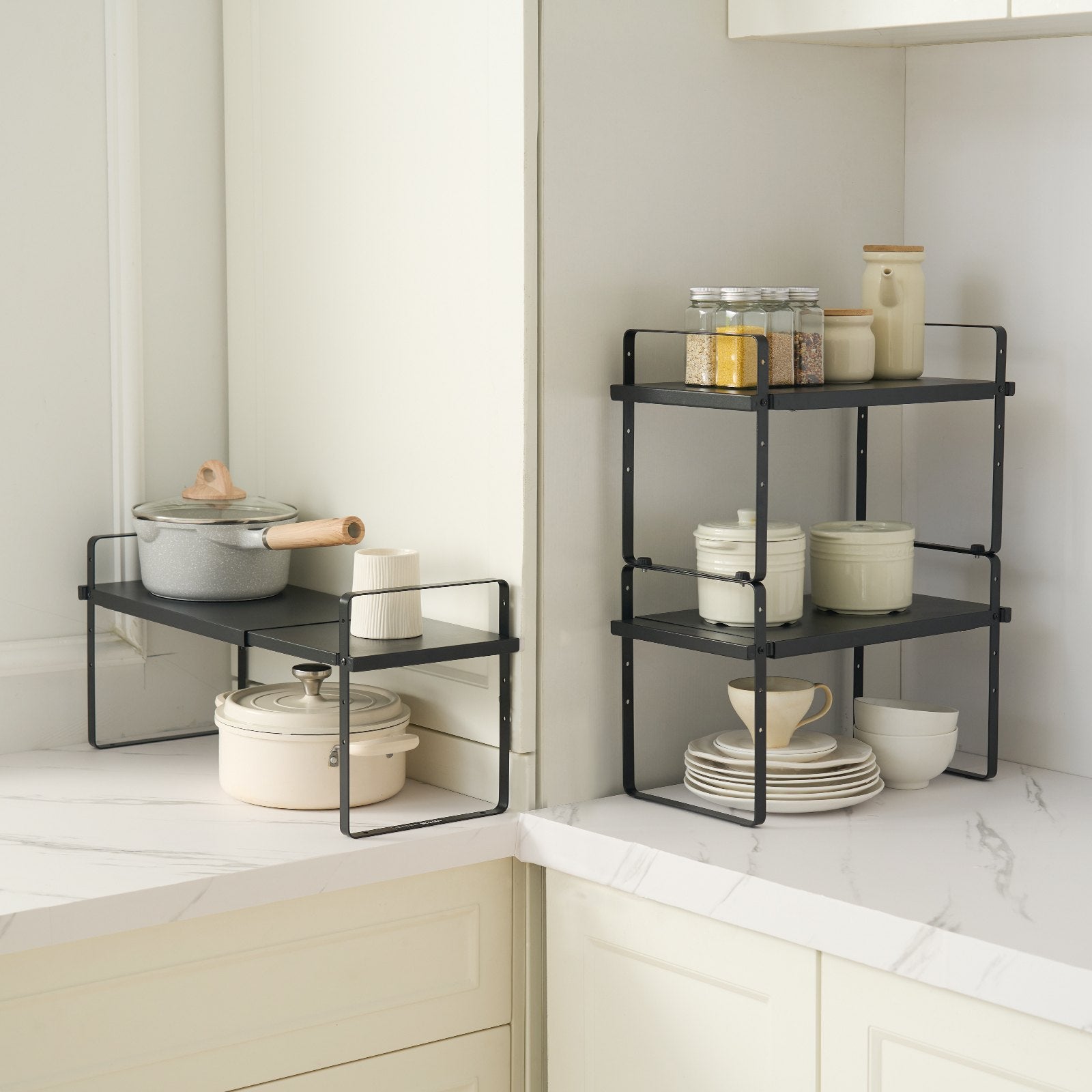 Adjustable 2-Tier Kitchen Cabinet Shelf Organizer, Expandable Stackable Pantry Storage & Countertop Risers for Home & Office, Black