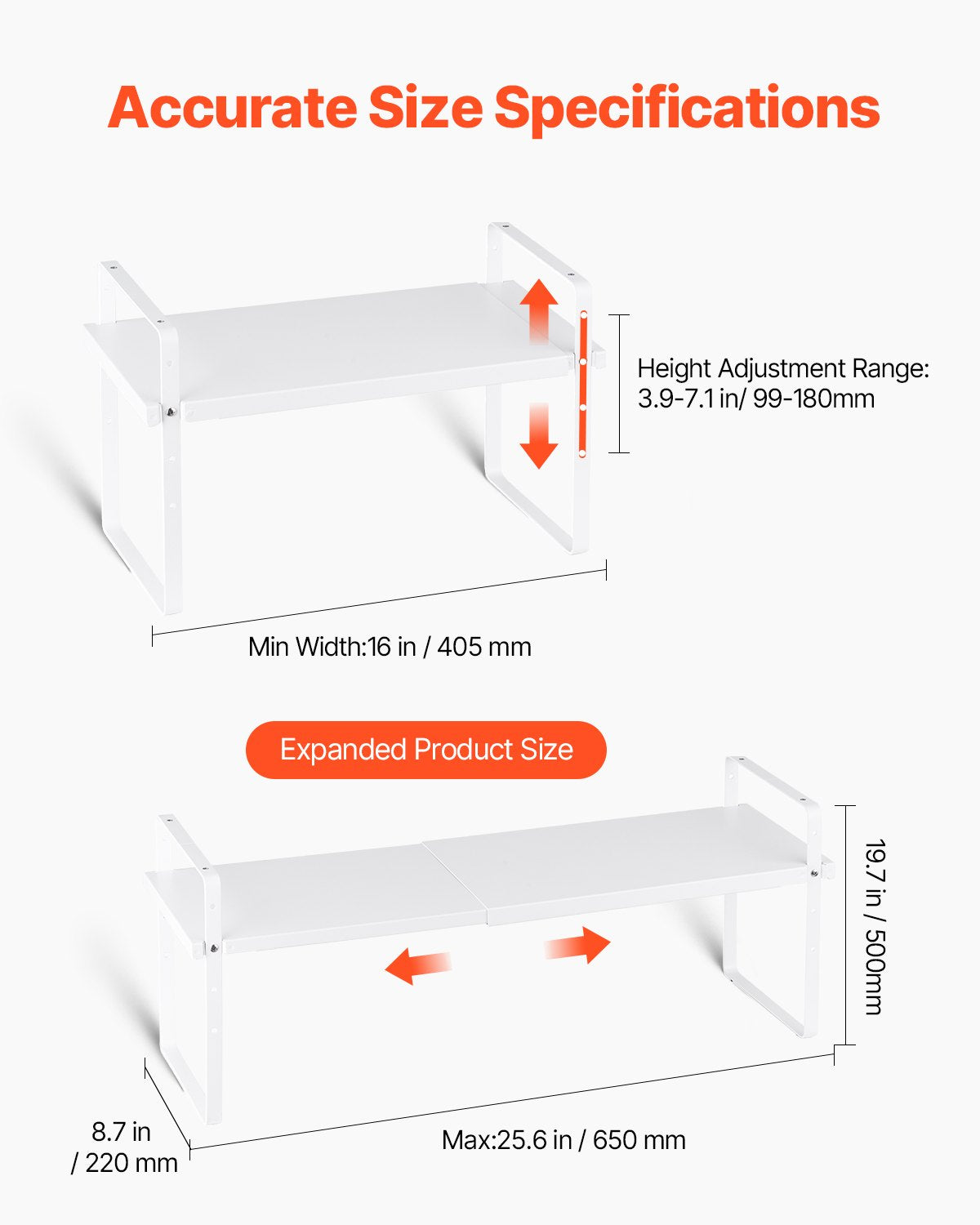 Adjustable & Expandable 2-Tier Kitchen Cabinet Shelf Organizer - Stackable Countertop & Pantry Storage Risers for Home & Office, White