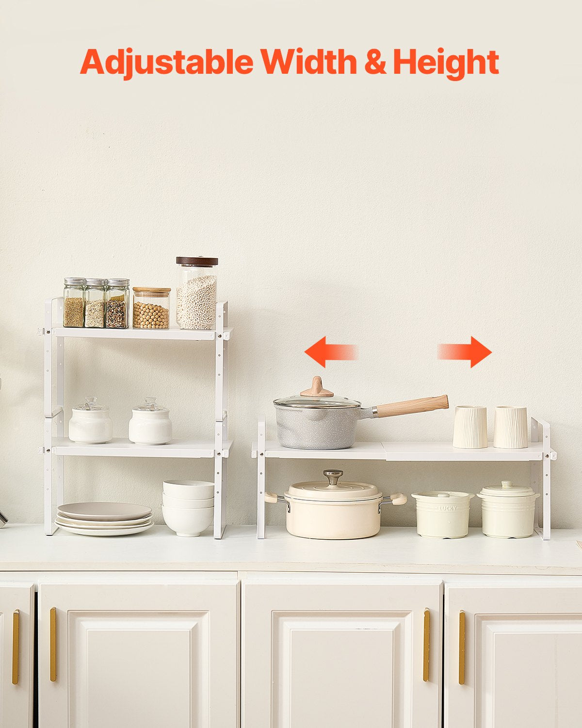 Adjustable & Expandable 2-Tier Kitchen Cabinet Shelf Organizer - Stackable Countertop & Pantry Storage Risers for Home & Office, White