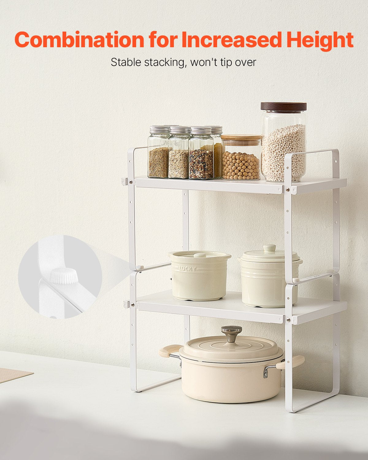 Adjustable & Expandable 2-Tier Kitchen Cabinet Shelf Organizer - Stackable Countertop & Pantry Storage Risers for Home & Office, White