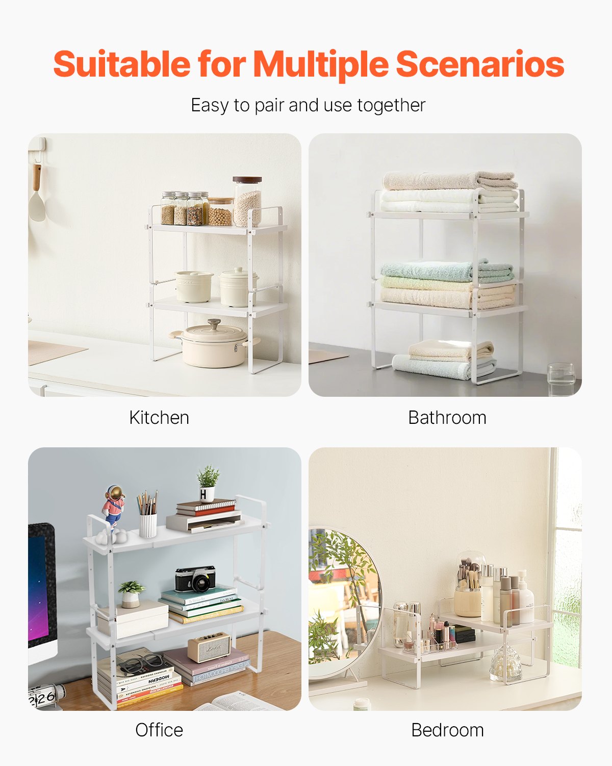 Adjustable & Expandable 2-Tier Kitchen Cabinet Shelf Organizer - Stackable Countertop & Pantry Storage Risers for Home & Office, White
