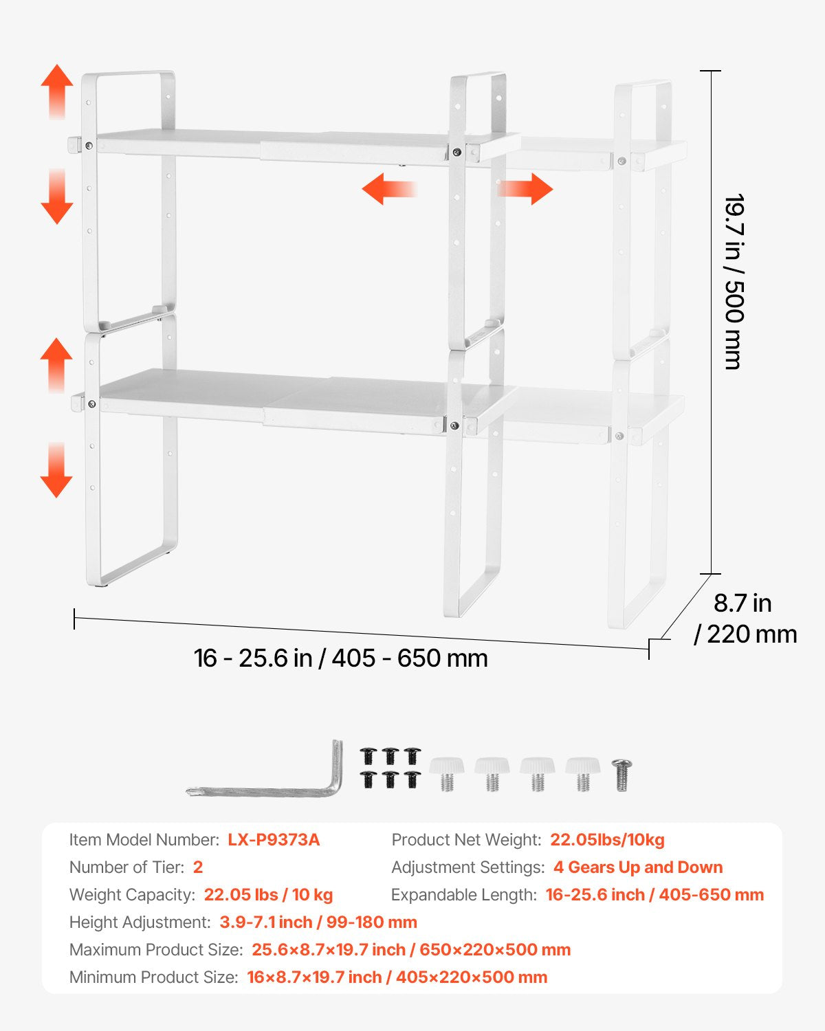 Adjustable & Expandable 2-Tier Kitchen Cabinet Shelf Organizer - Stackable Countertop & Pantry Storage Risers for Home & Office, White