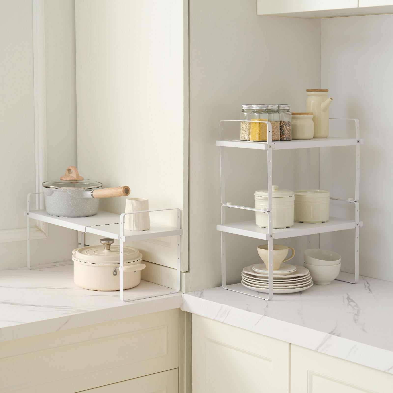 Adjustable & Expandable 2-Tier Kitchen Cabinet Shelf Organizer - Stackable Countertop & Pantry Storage Risers for Home & Office, White