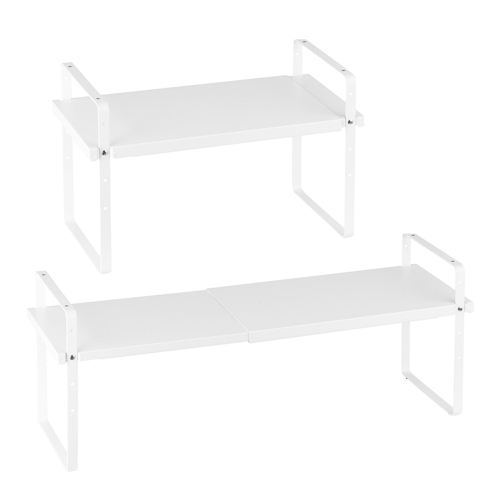 Adjustable & Expandable 2-Tier Kitchen Cabinet Shelf Organizer - Stackable Countertop & Pantry Storage Risers for Home & Office, White