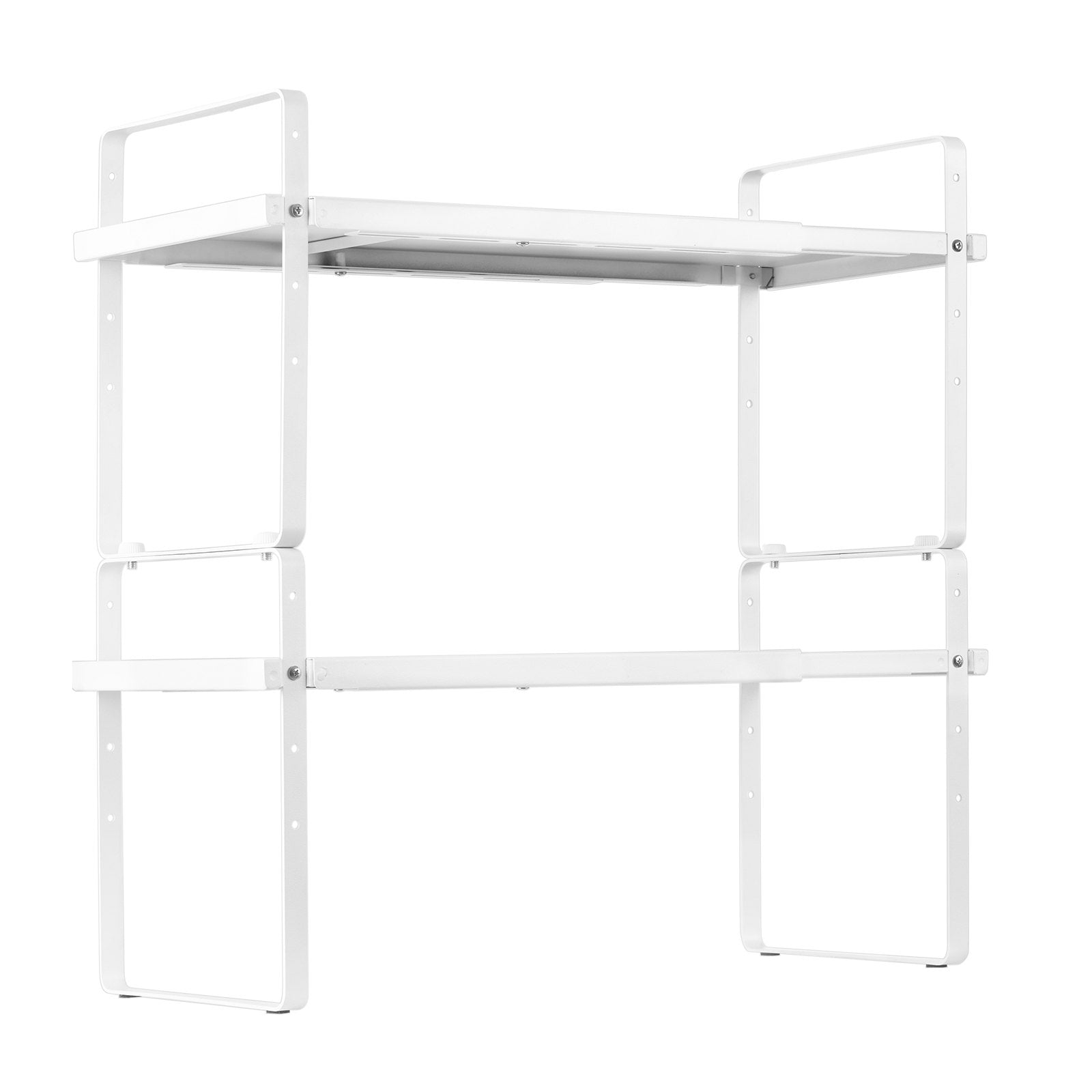 Adjustable & Expandable 2-Tier Kitchen Cabinet Shelf Organizer - Stackable Countertop & Pantry Storage Risers for Home & Office, White