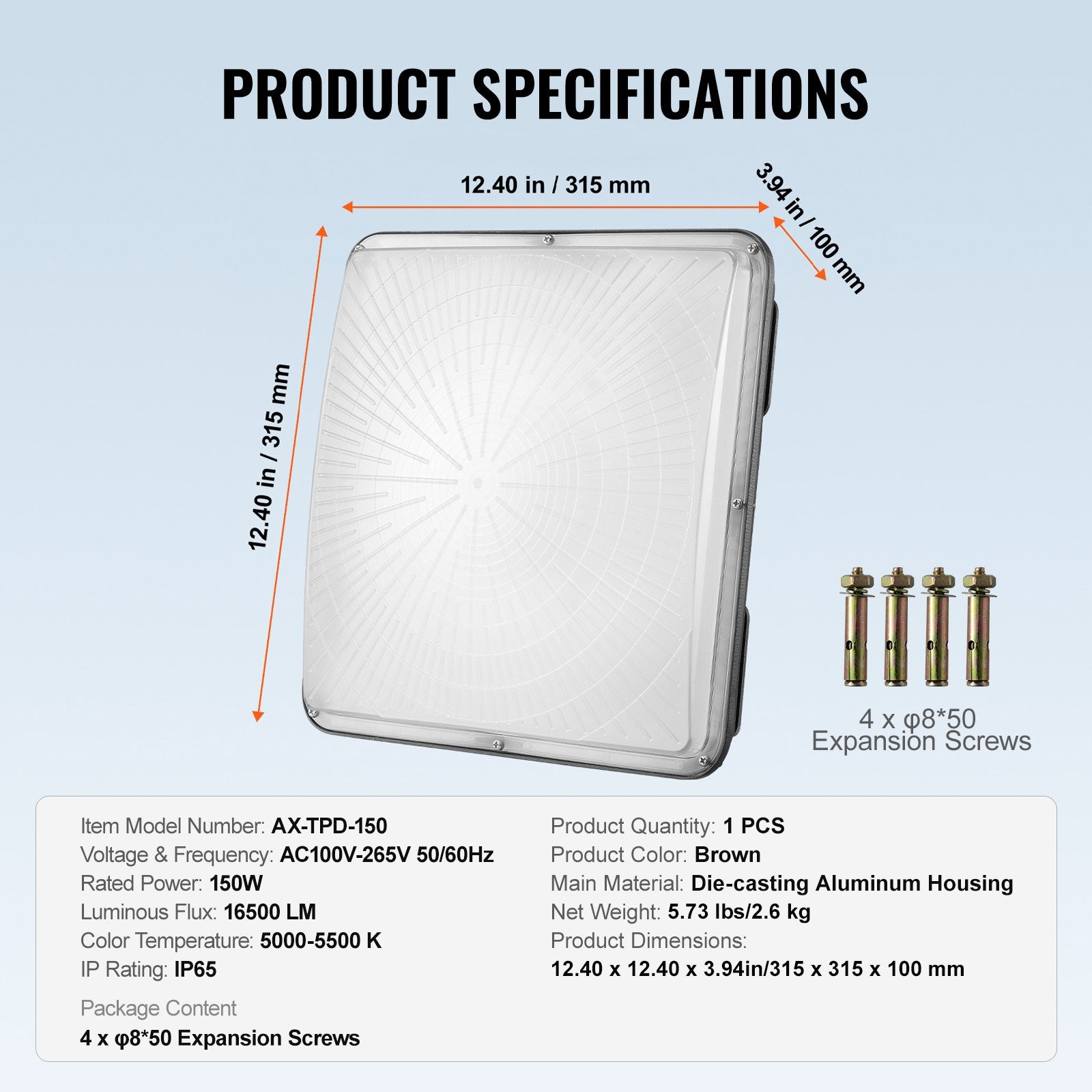 150W LED Canopy Light, 16500LM, 5000K Daylight, IP65 Waterproof for Gas Station, Warehouse, Garage, Hotel, Street & Shop Ceiling Mount