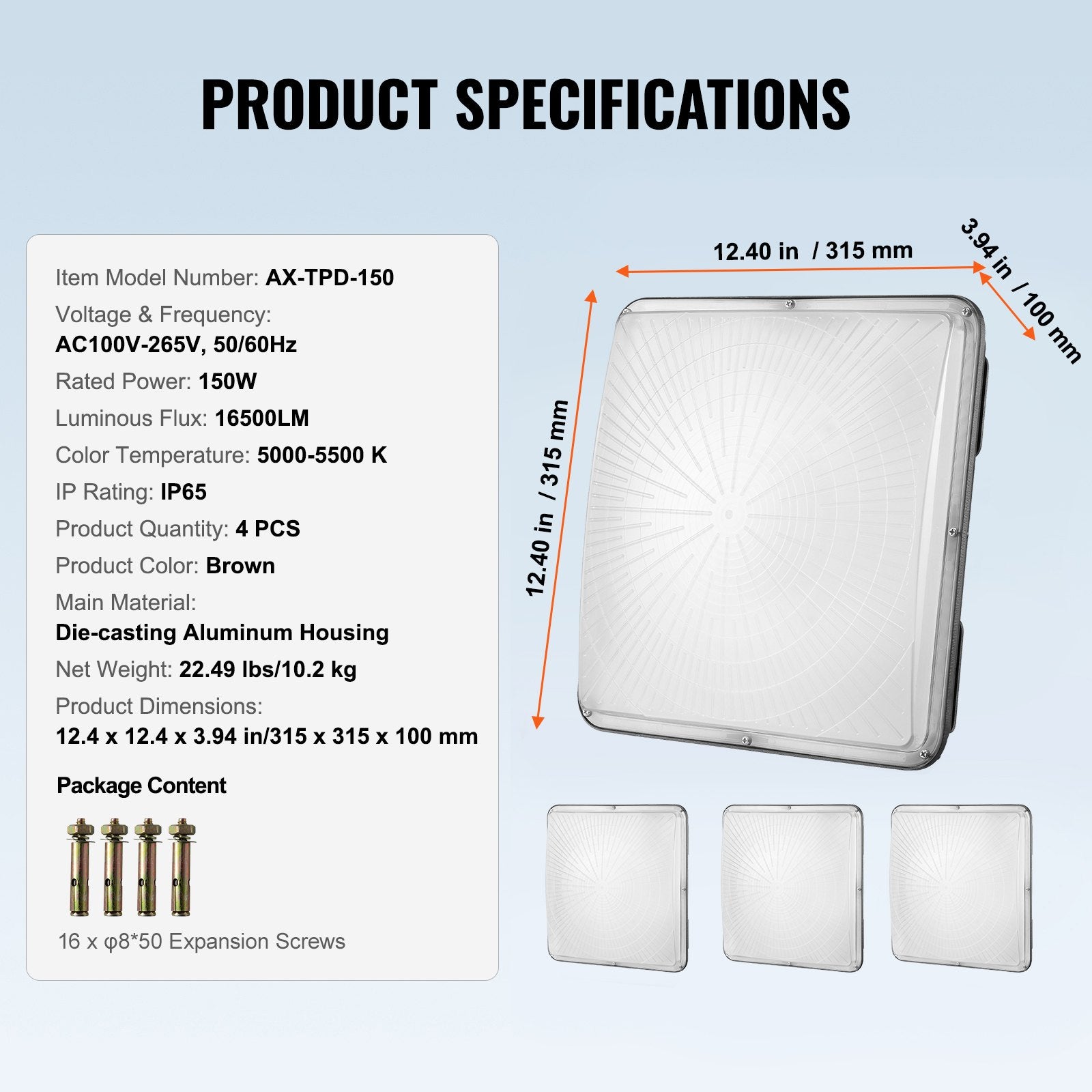 4 Pack 150W LED Canopy Lights, 16500LM 5000K Daylight, IP65 Waterproof, Surface Mount for Gas Stations, Warehouses, Garages, Streets, Shops
