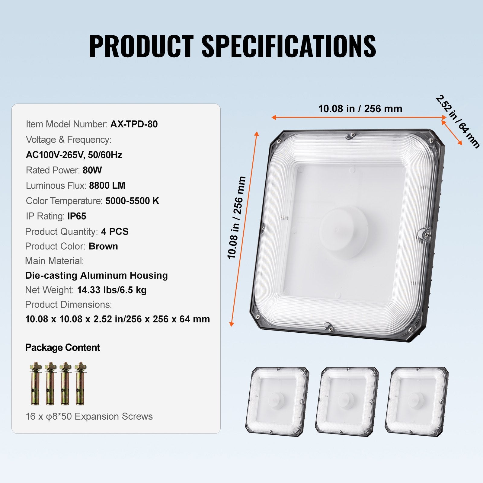 4 Pack LED Canopy Lights, 80W 8800LM 5000K Daylight, IP65 Waterproof Surface Mount Ceiling Lights for Gas Stations, Warehouses, Garages, and Streets
