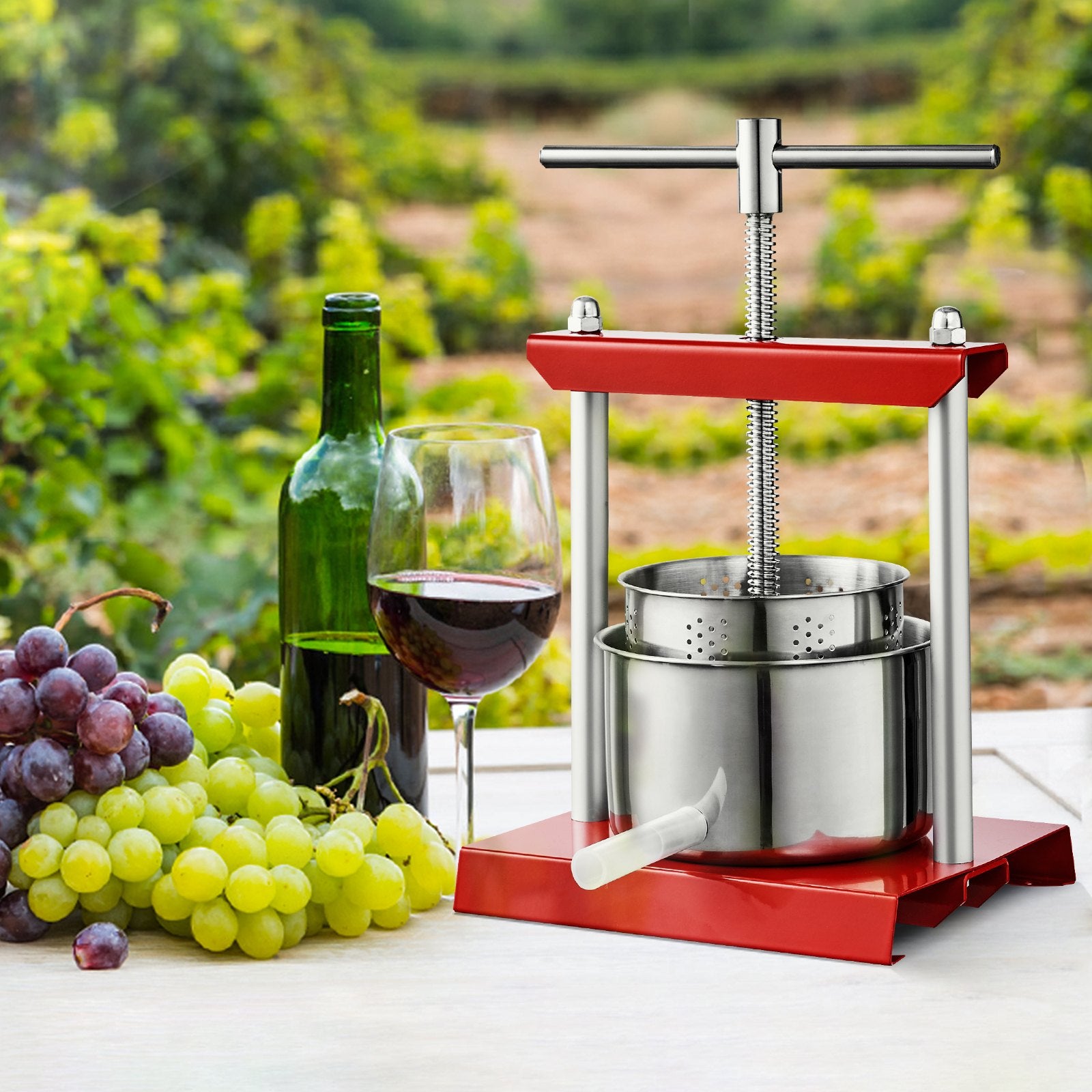 Manual Fruit Wine Press with Dual Stainless Steel Barrels, 2L Capacity - Ideal for Cider, Apple, Grape, Vegetable Juicing, and Oil Extraction