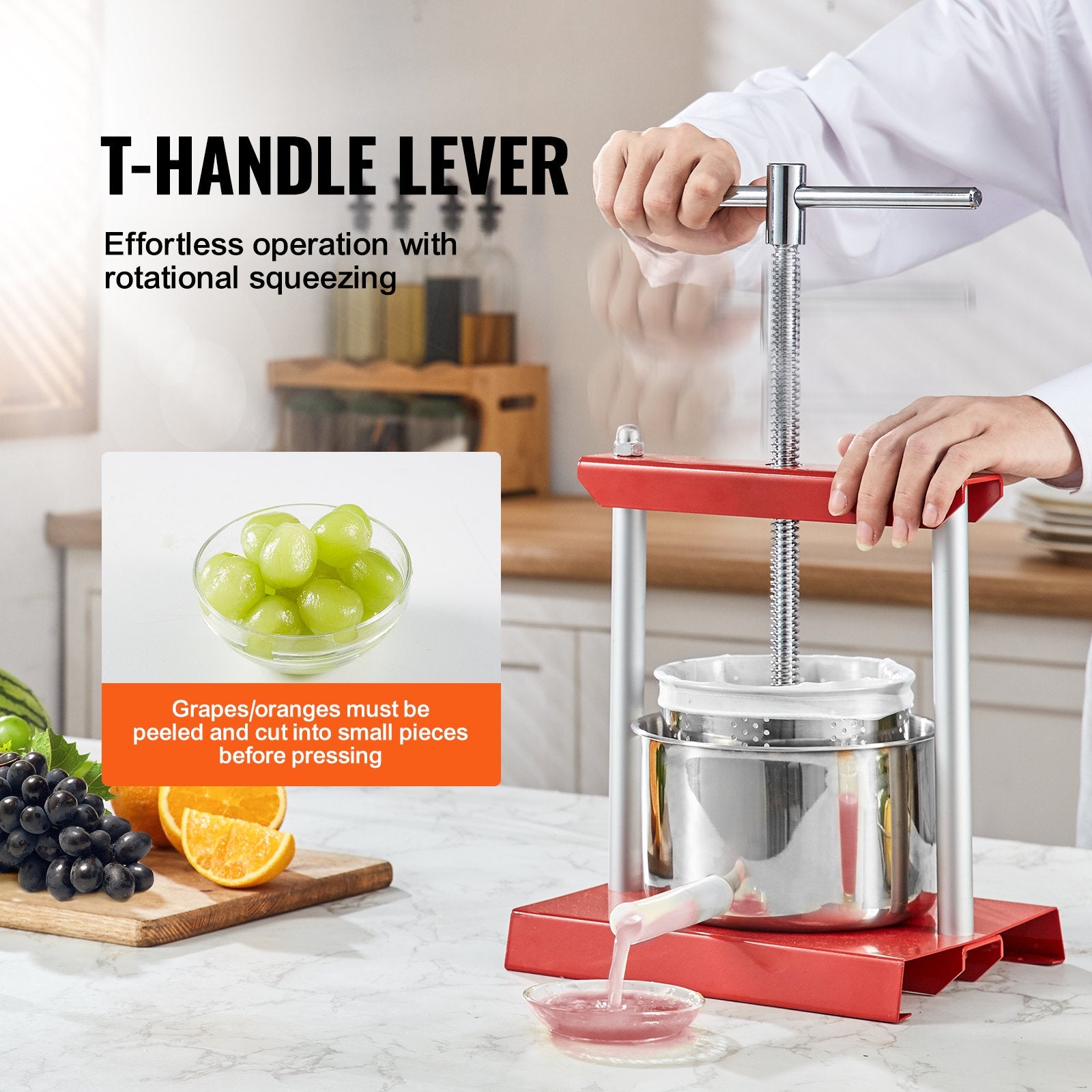 Manual Fruit Wine & Juice Press, 0.8 Gallon/3L with Dual Stainless Steel Barrels for Cider, Apple, Grape, Vegetable, Honey, and Olive Oil Extraction - Ideal for Kitchen, Home, and Outdoor Use with Easy-Clean T-Handle Design