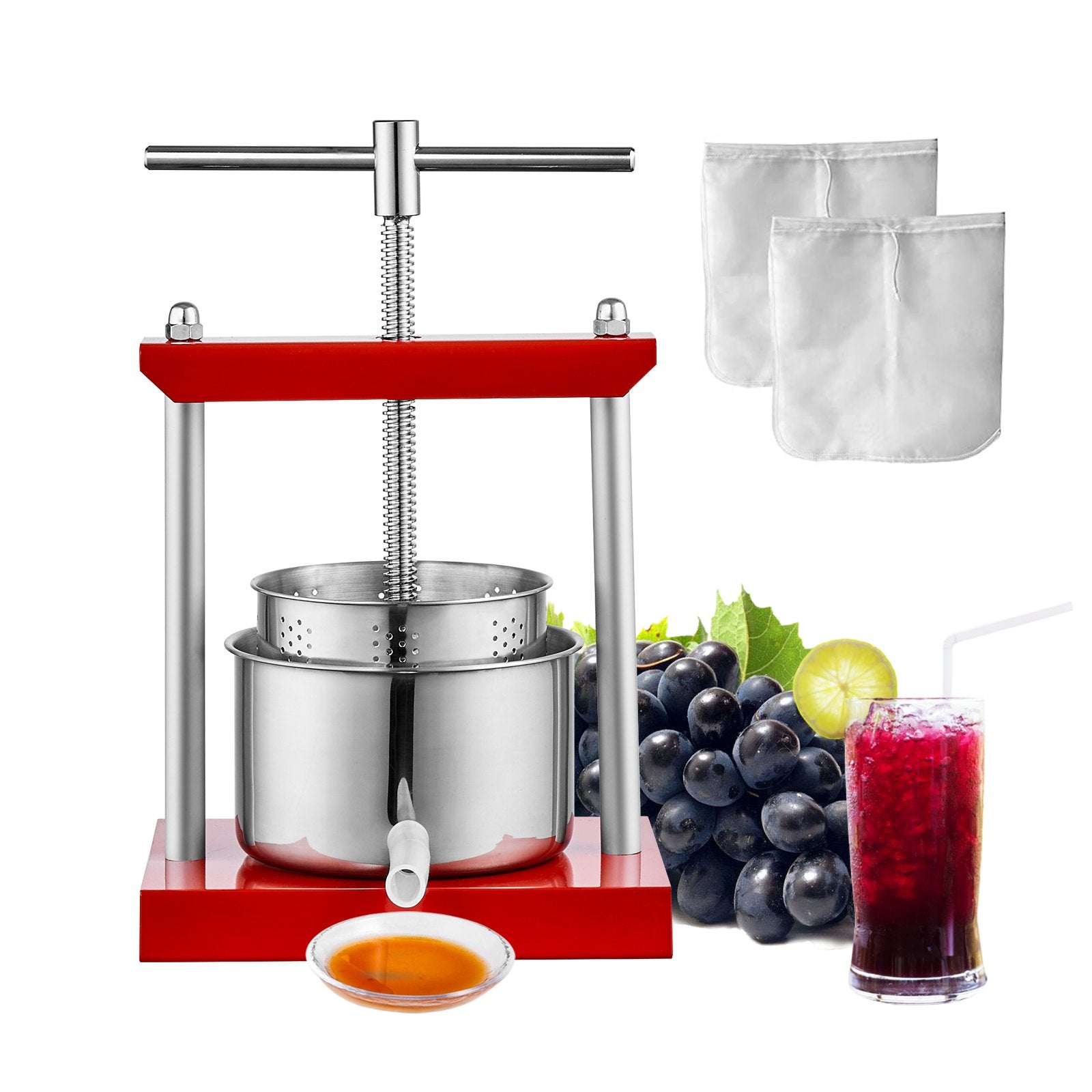 Manual Fruit Wine & Juice Press, 0.8 Gallon/3L with Dual Stainless Steel Barrels for Cider, Apple, Grape, Vegetable, Honey, and Olive Oil Extraction - Ideal for Kitchen, Home, and Outdoor Use with Easy-Clean T-Handle Design