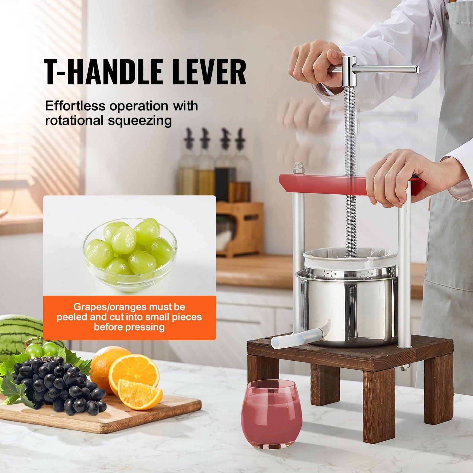 Compact 2L Fruit Wine Press with Dual Stainless Steel Barrels - Manual Juice Maker for Apples, Grapes, and More with T-Handle and Stable Base