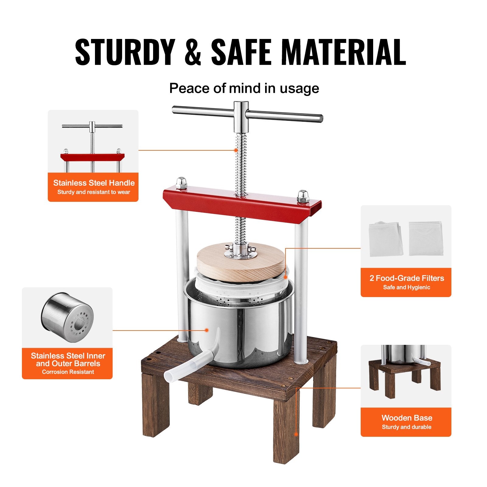 Compact 2L Fruit Wine Press with Dual Stainless Steel Barrels - Manual Juice Maker for Apples, Grapes, and More with T-Handle and Stable Base
