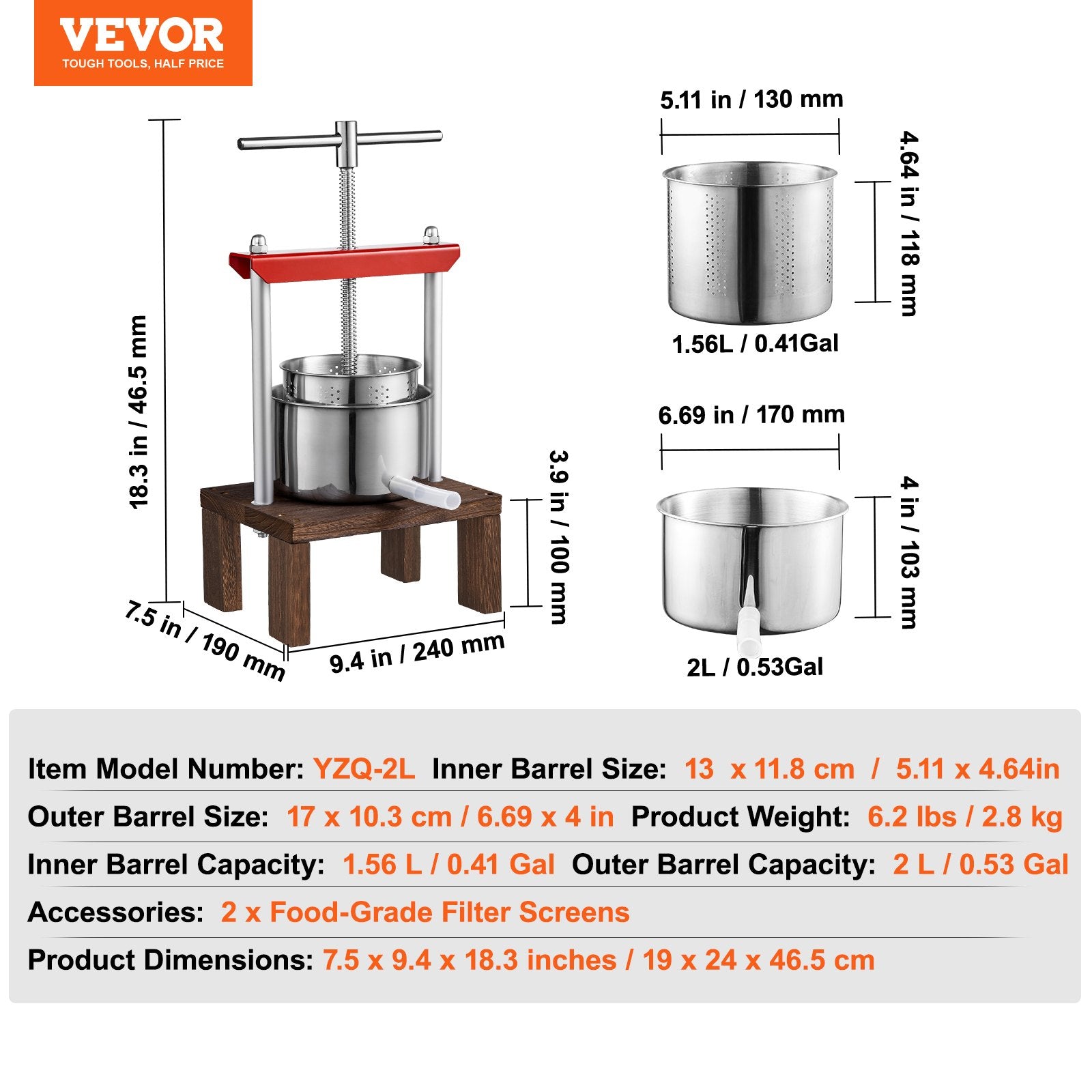 Compact 2L Fruit Wine Press with Dual Stainless Steel Barrels - Manual Juice Maker for Apples, Grapes, and More with T-Handle and Stable Base