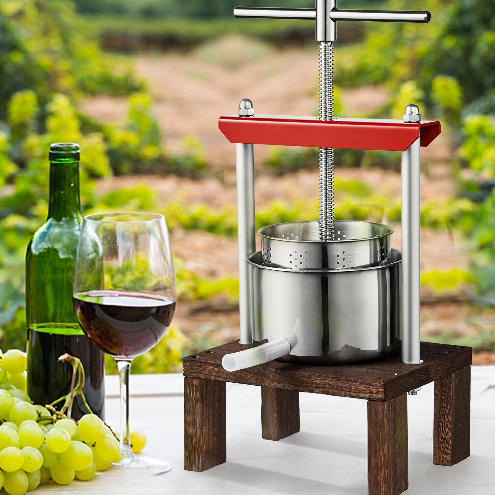 Compact 2L Fruit Wine Press with Dual Stainless Steel Barrels - Manual Juice Maker for Apples, Grapes, and More with T-Handle and Stable Base