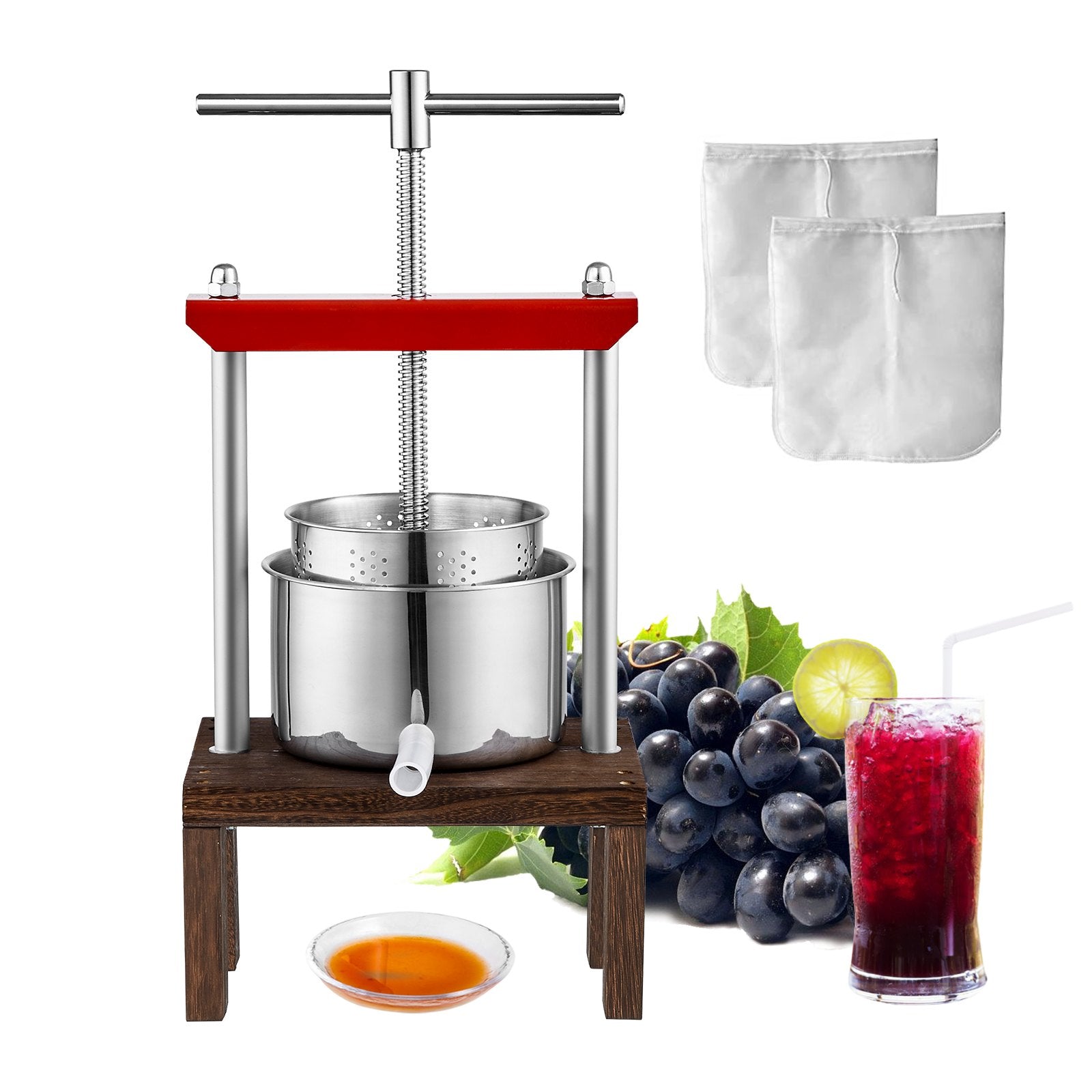 Compact 2L Fruit Wine Press with Dual Stainless Steel Barrels - Manual Juice Maker for Apples, Grapes, and More with T-Handle and Stable Base