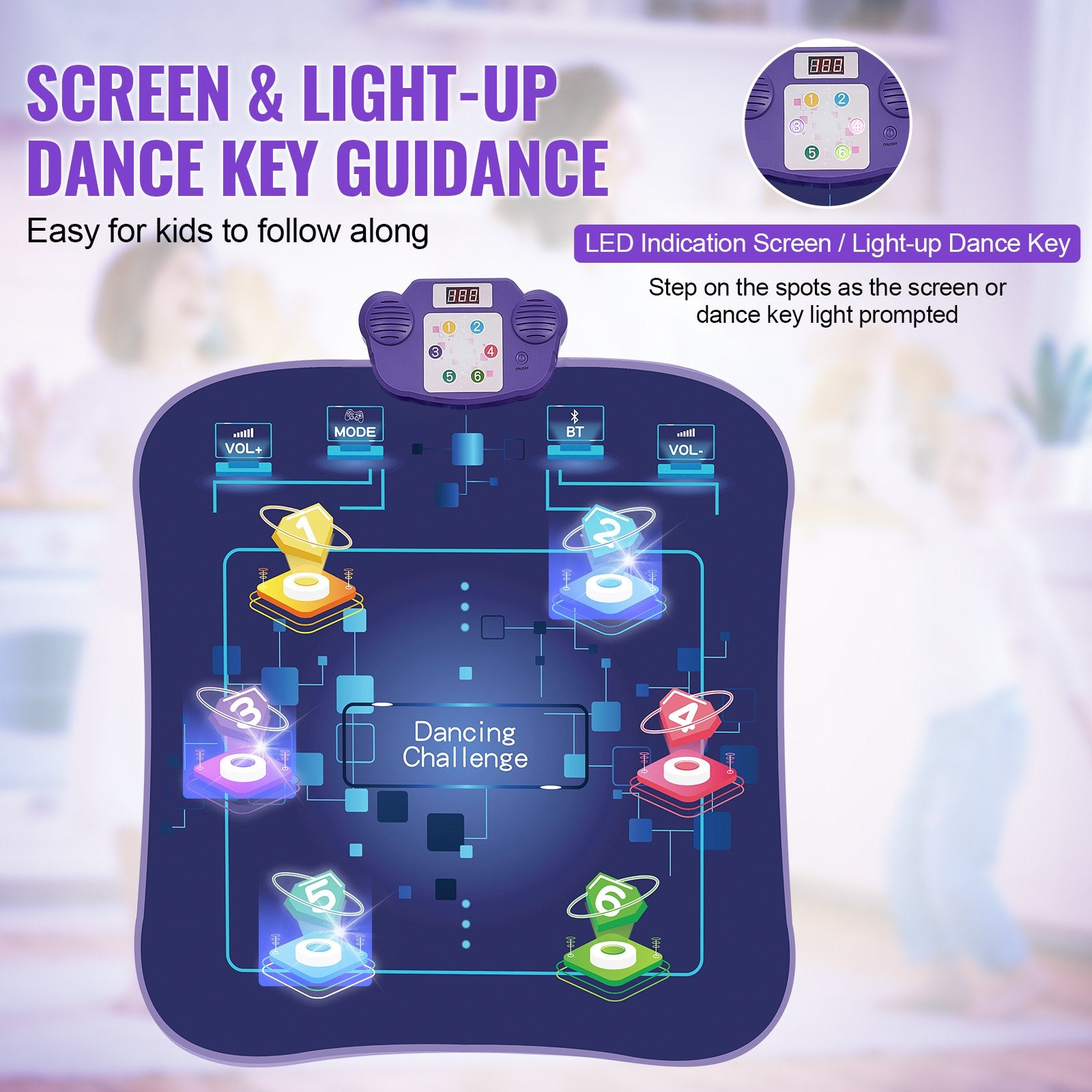 Dance Mat for Kids 3+, 6-Button Rhythm Step Pad with Bluetooth, LED Lights, Adjustable Volume, 5 Game Modes & Built-in Music