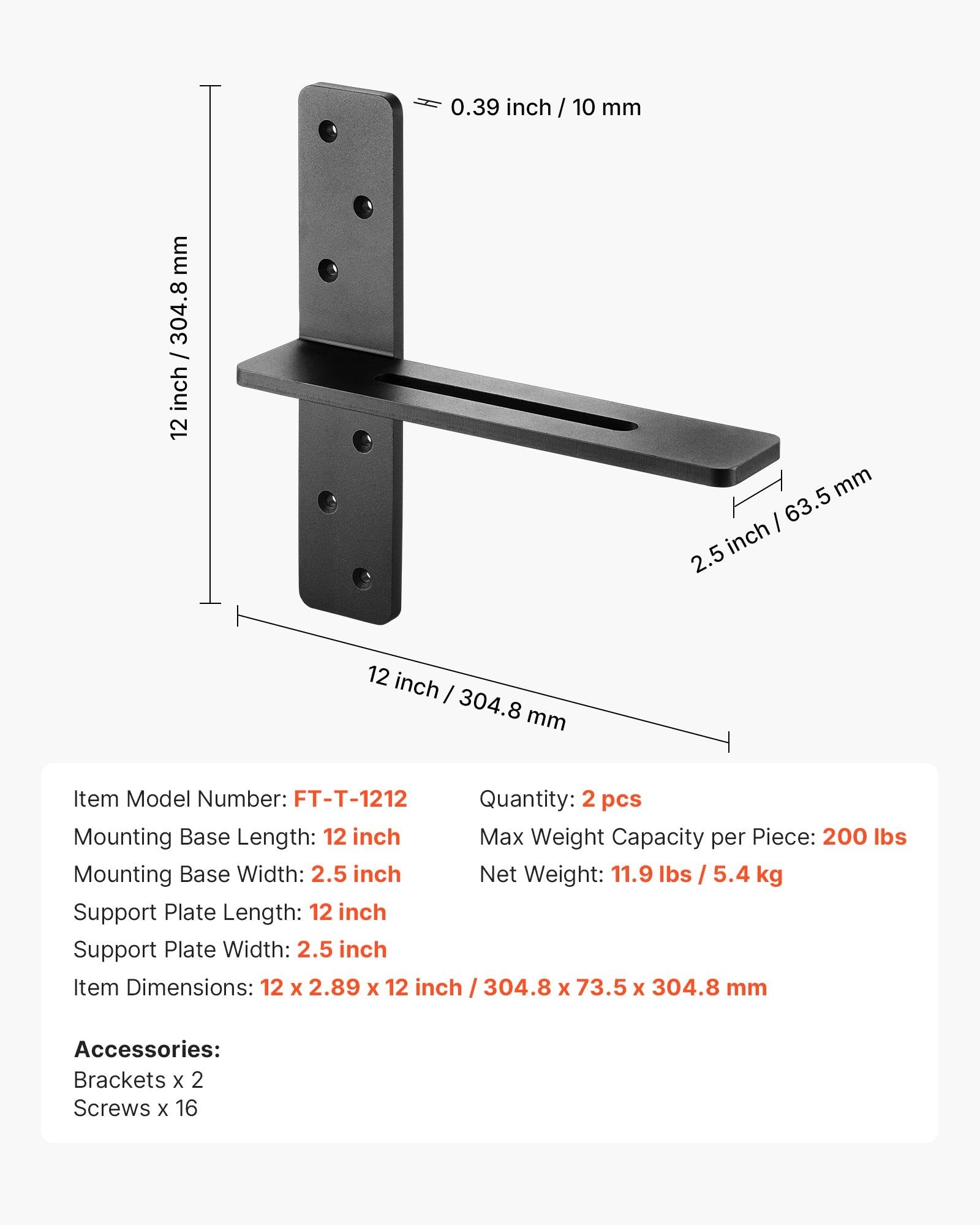 Heavy Duty T Shelf Brackets, 2 Pcs, 200 lbs Capacity, 12" Floating Countertop Support, Solid Steel with Screws for Easy Installation