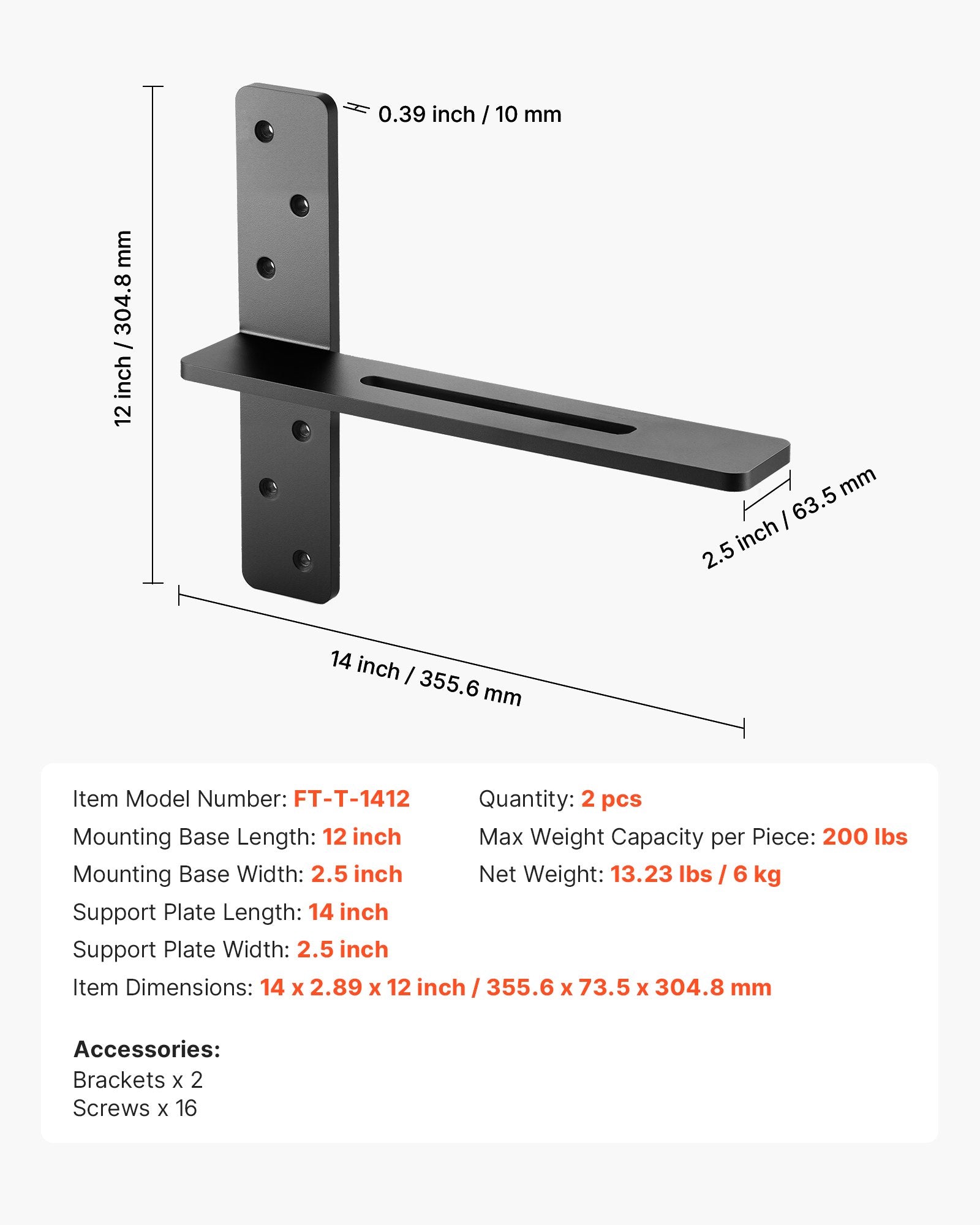 Heavy Duty T-Shelf Brackets, 2 Pack, 200 lbs Capacity, 14" Steel Support for Floating Shelves & Countertops, Easy Install, Durable Hardware