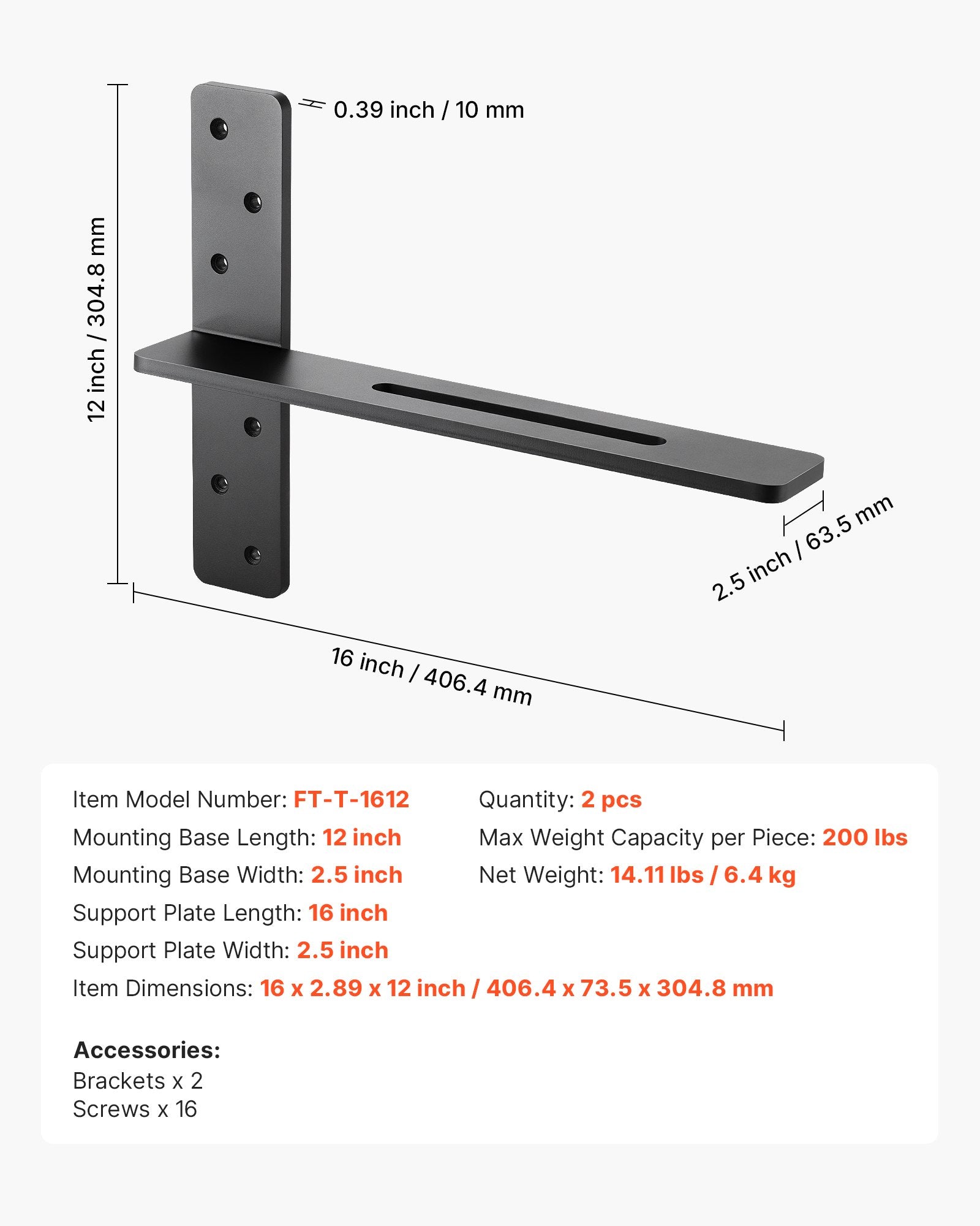 Heavy Duty T Shelf Brackets, 2 Pcs, 200 lbs Capacity, Solid Steel for Floating Shelves & Countertops, Easy Install, 16x2.89x12 in, Includes Screws