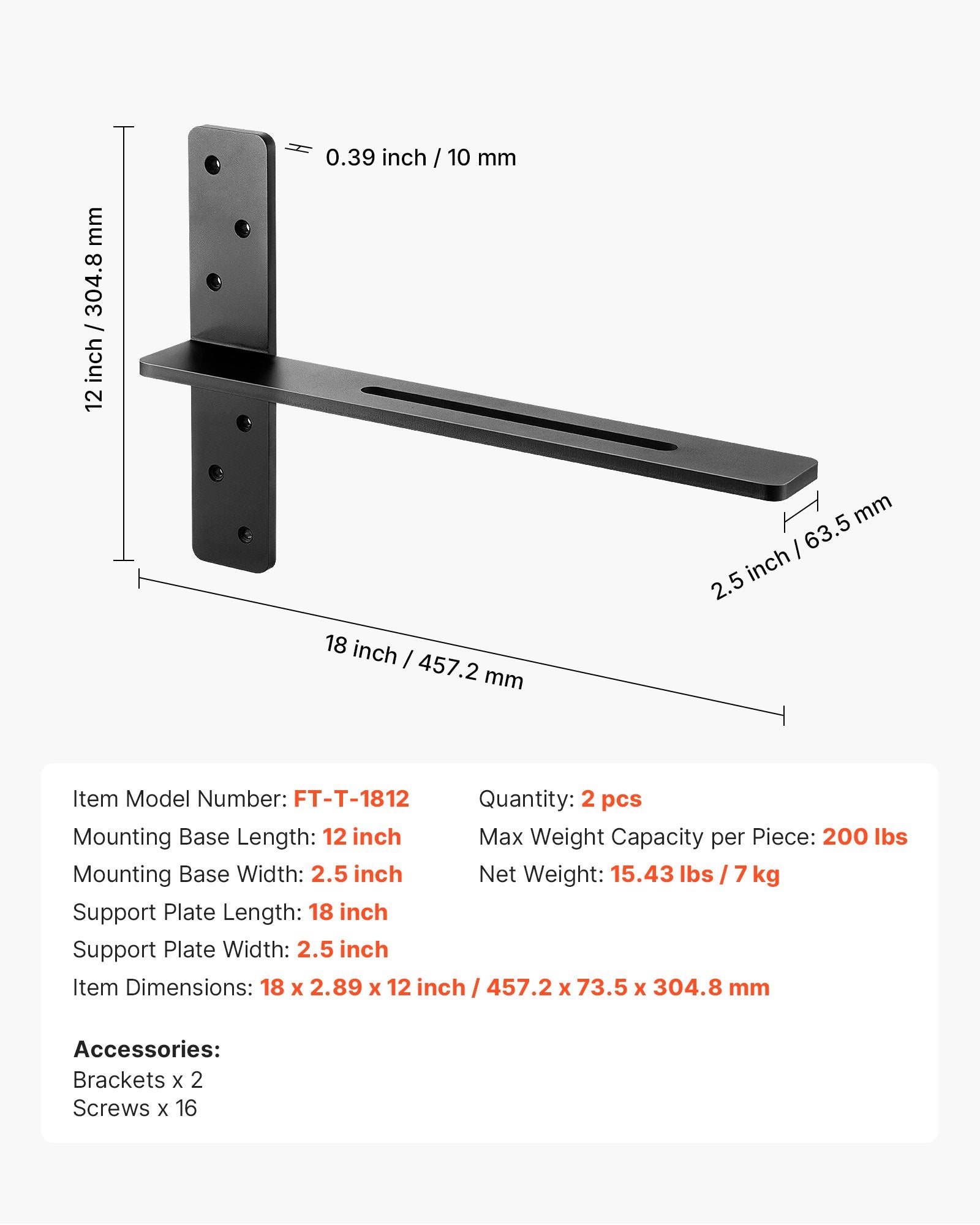 Heavy Duty T Shelf Brackets Pair, 200 lbs Capacity, Solid Steel for Shelves & Countertop Support, 18x12 in, Floating Hardware with Screws
