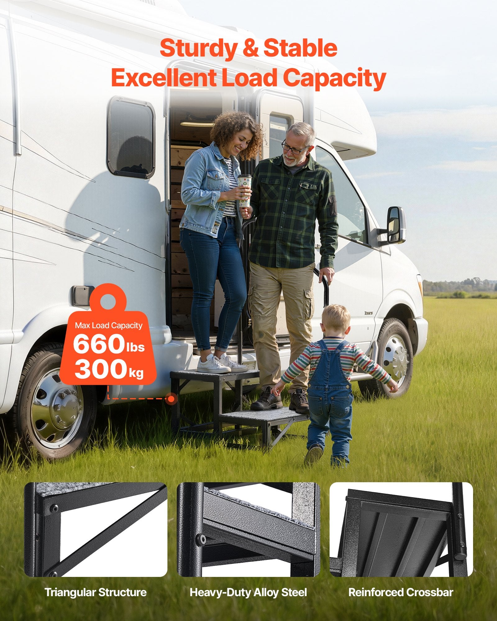 Heavy Duty Portable RV Steps with Handrail, Non-Slip Mat, 660 lbs Capacity for Elderly, Pets, Hot Tub, Camper, Mobile Home, Porch, Pool, SPA