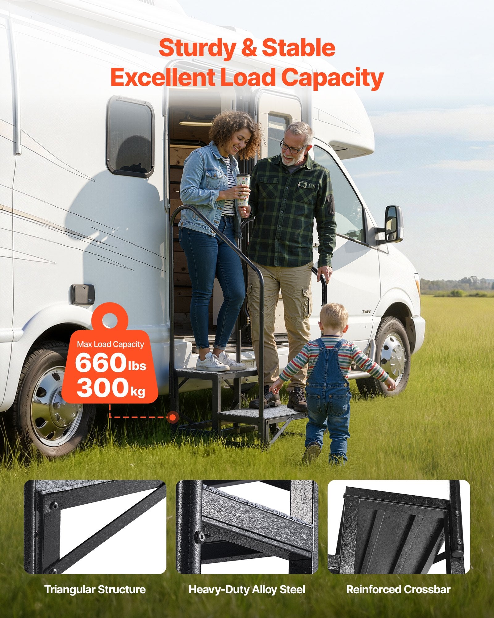 Heavy Duty RV Steps with Dual Handrails - Non-Slip Mat, 660 lbs Load Capacity for Hot Tub, Camper, Mobile Home, Porch, Pool, SPA