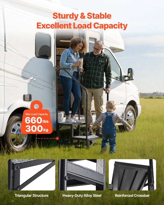 Heavy Duty RV Steps with Dual Handrails - Non-Slip Mat, 660 lbs Load Capacity for Hot Tub, Camper, Mobile Home, Porch, Pool, SPA