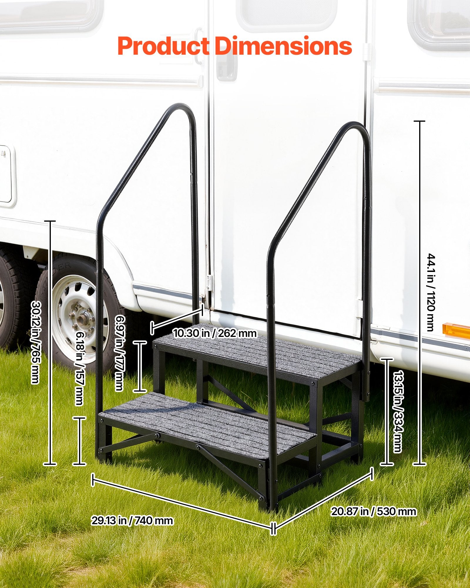 Heavy Duty RV Steps with Dual Handrails - Non-Slip Mat, 660 lbs Load Capacity for Hot Tub, Camper, Mobile Home, Porch, Pool, SPA