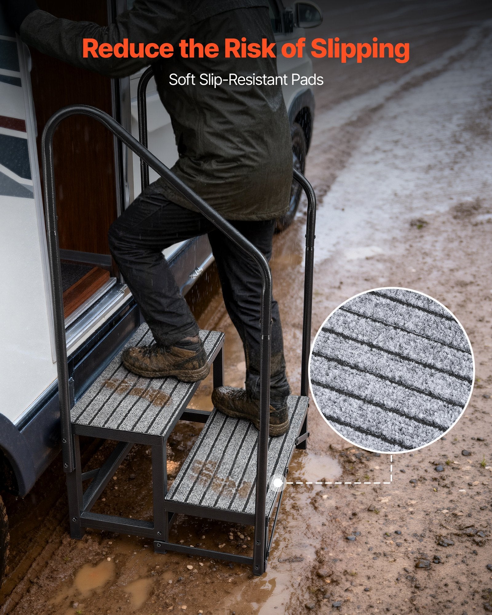 Heavy Duty RV Steps with Dual Handrails - Non-Slip Mat, 660 lbs Load Capacity for Hot Tub, Camper, Mobile Home, Porch, Pool, SPA