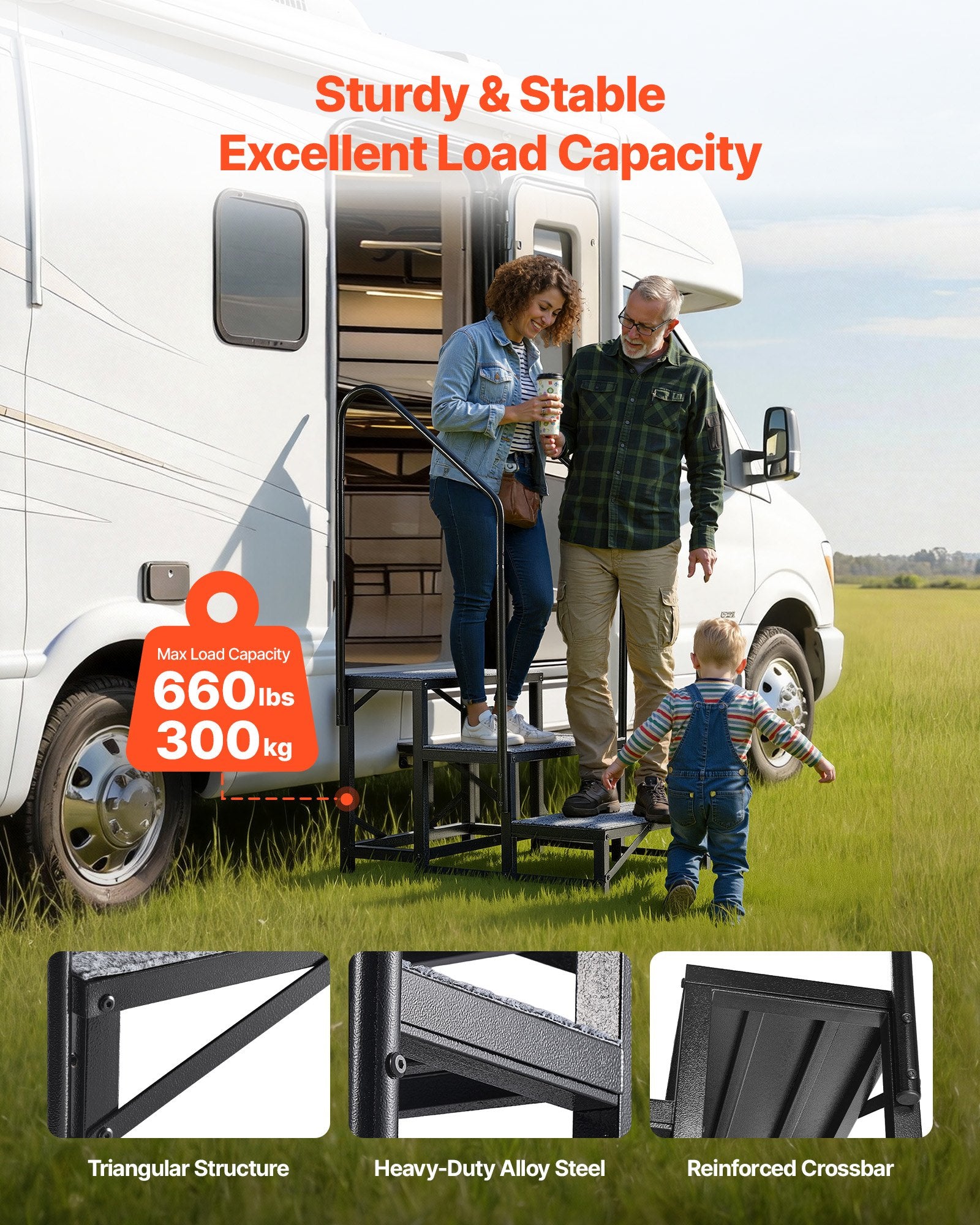 Heavy Duty 3-Step RV Stairs with Dual Handrails, Non-Slip Mat, 660 lbs Load, Ideal for Elderly, Pets, Hot Tub, Camper, Porch, Pool Use