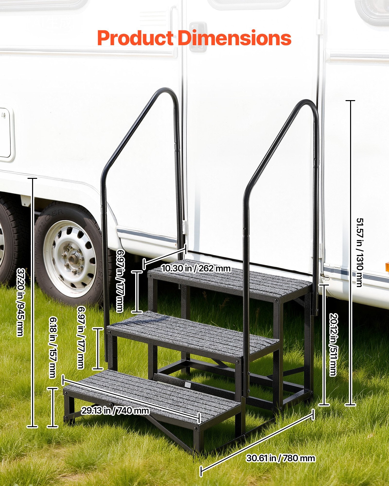 Heavy Duty 3-Step RV Stairs with Dual Handrails, Non-Slip Mat, 660 lbs Load, Ideal for Elderly, Pets, Hot Tub, Camper, Porch, Pool Use