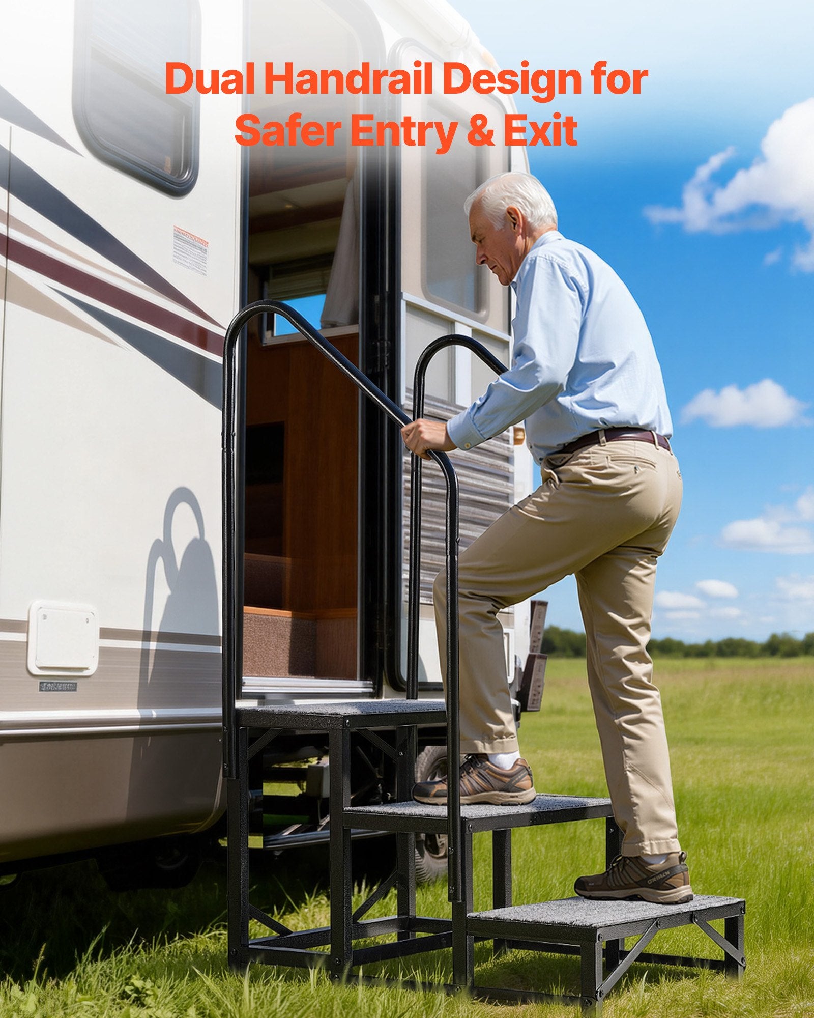 Heavy Duty 3-Step RV Stairs with Dual Handrails, Non-Slip Mat, 660 lbs Load, Ideal for Elderly, Pets, Hot Tub, Camper, Porch, Pool Use